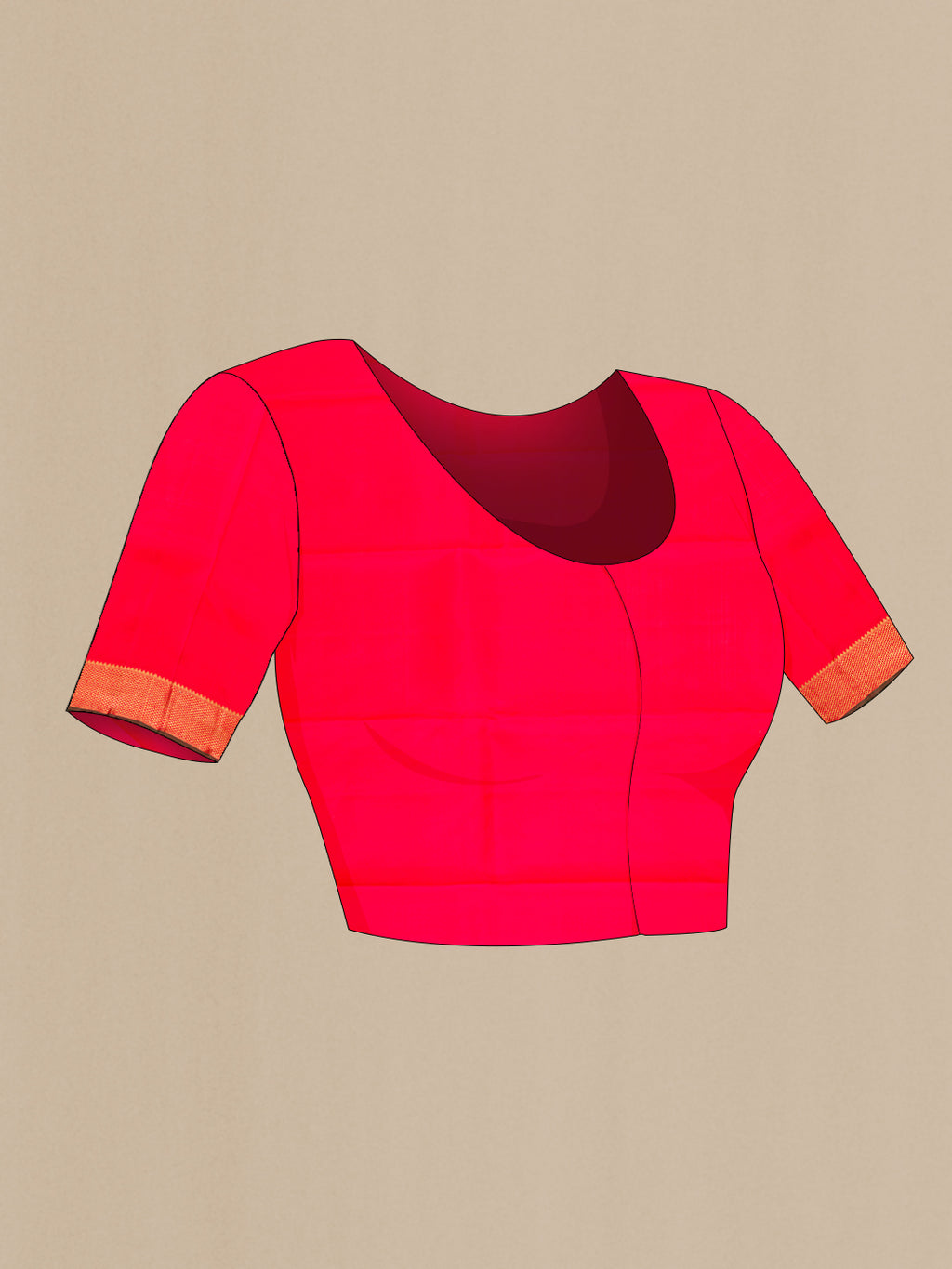Close up image of the blouse of Red Dual Tone Kanchipuram Silk Saree with Zari Butta on the body and Zari Border. 