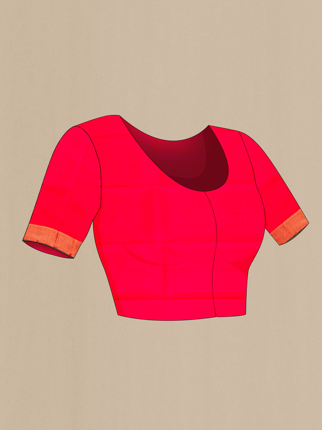 Close up image of the blouse of Red Dual Tone Kanchipuram Silk Saree with Zari Butta on the body and Zari Border. 