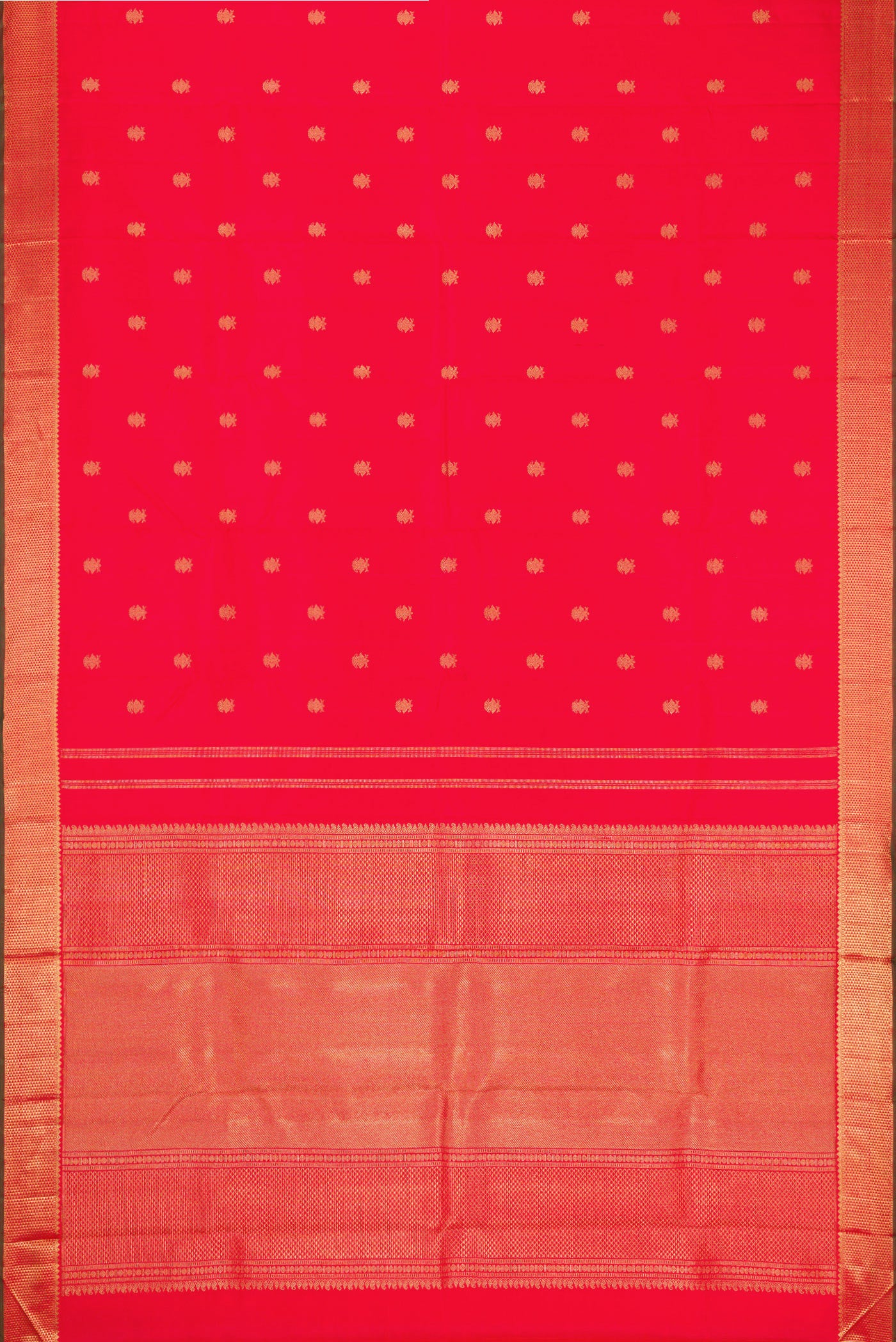 Flat view of Red Dual Tone Kanchipuram Silk Saree with Zari Butta on the body and Zari Border. 