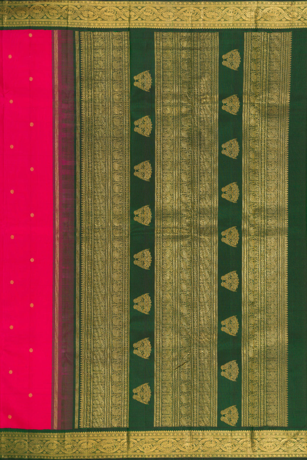 Close up image of the pallu of Pure Silk Pure Zari Dark Pink Kanchipuram Saree with Zari Butta on the body and Zari Border. 
