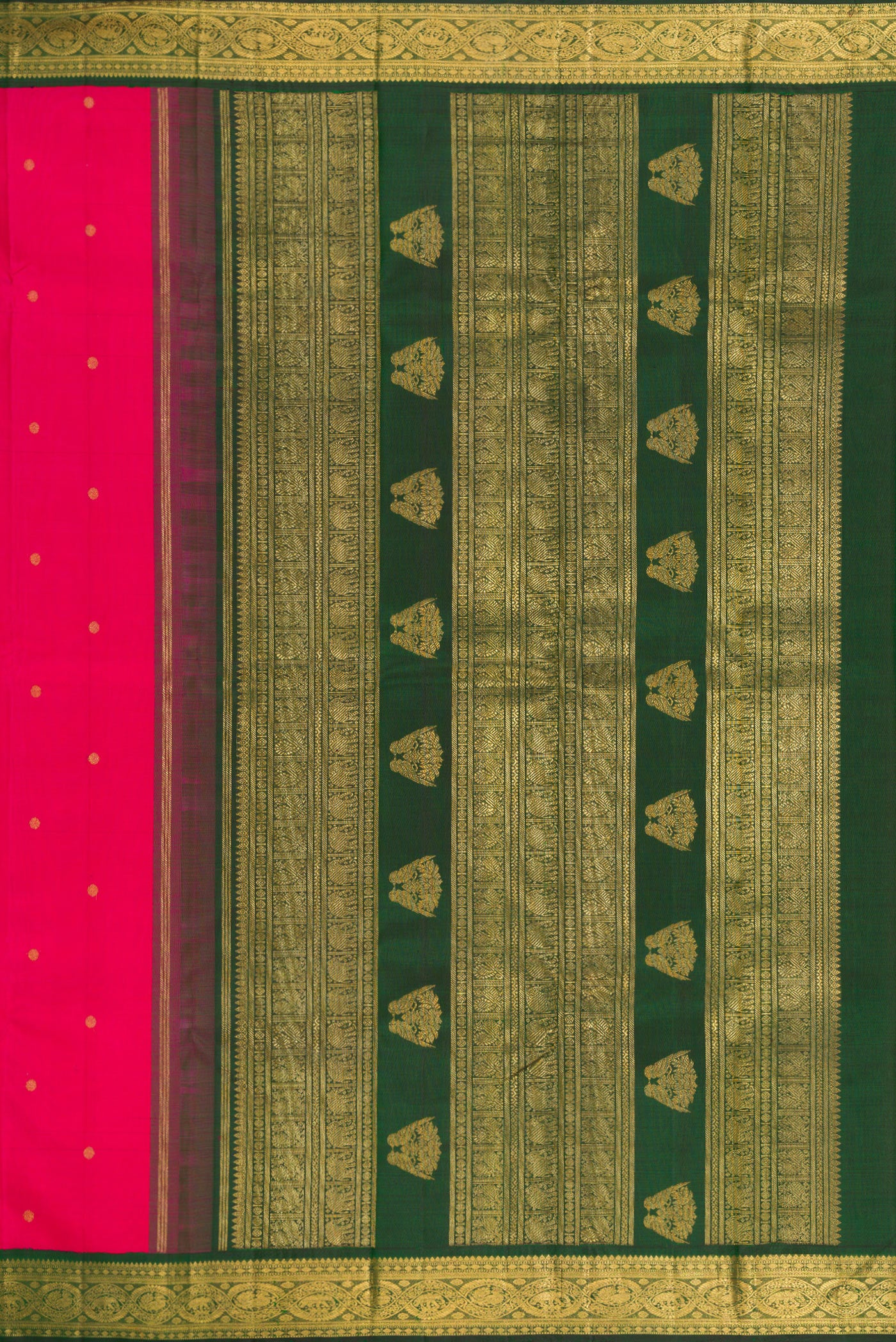 Close up image of the pallu of Pure Silk Pure Zari Dark Pink Kanchipuram Saree with Zari Butta on the body and Zari Border. 