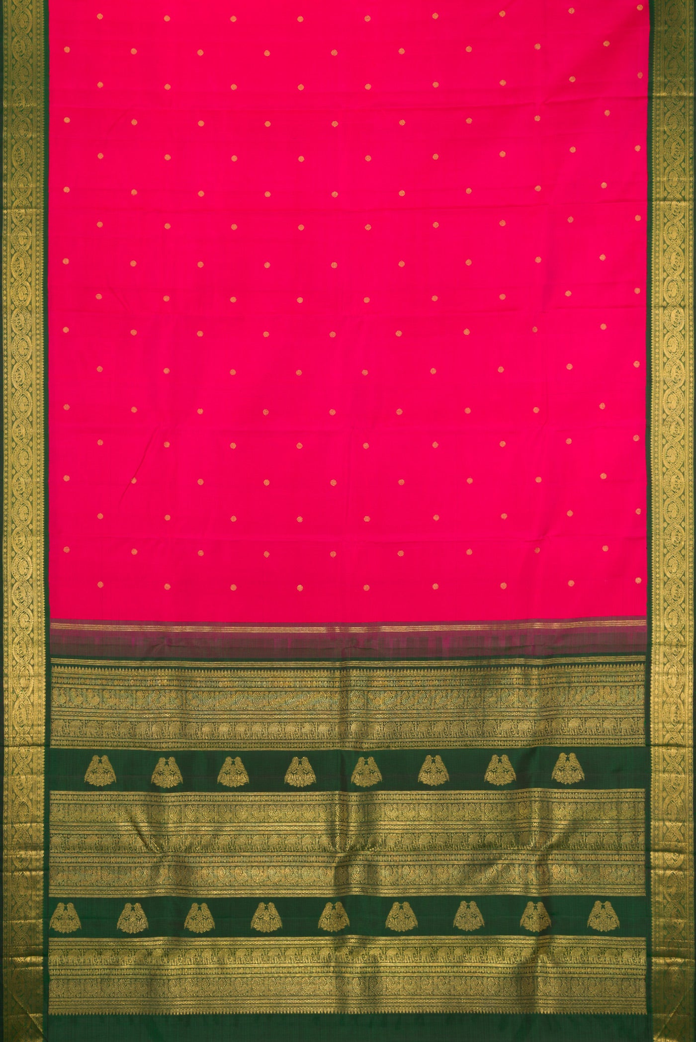 Flat view of Pure Silk Pure Zari Dark Pink Kanchipuram Saree with Zari Butta on the body and Zari Border. 