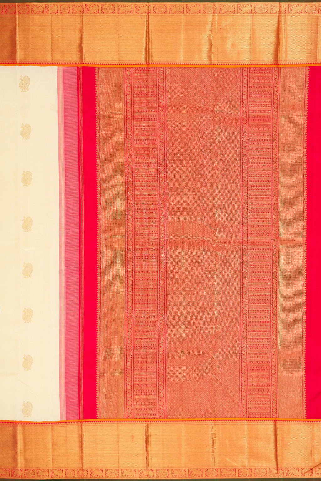 Close up image of the pallu of Pure Silk Pure Zari Sandal Dual Tone Kanjivaram Saree with Zari Butta on the body and Zari Border. 