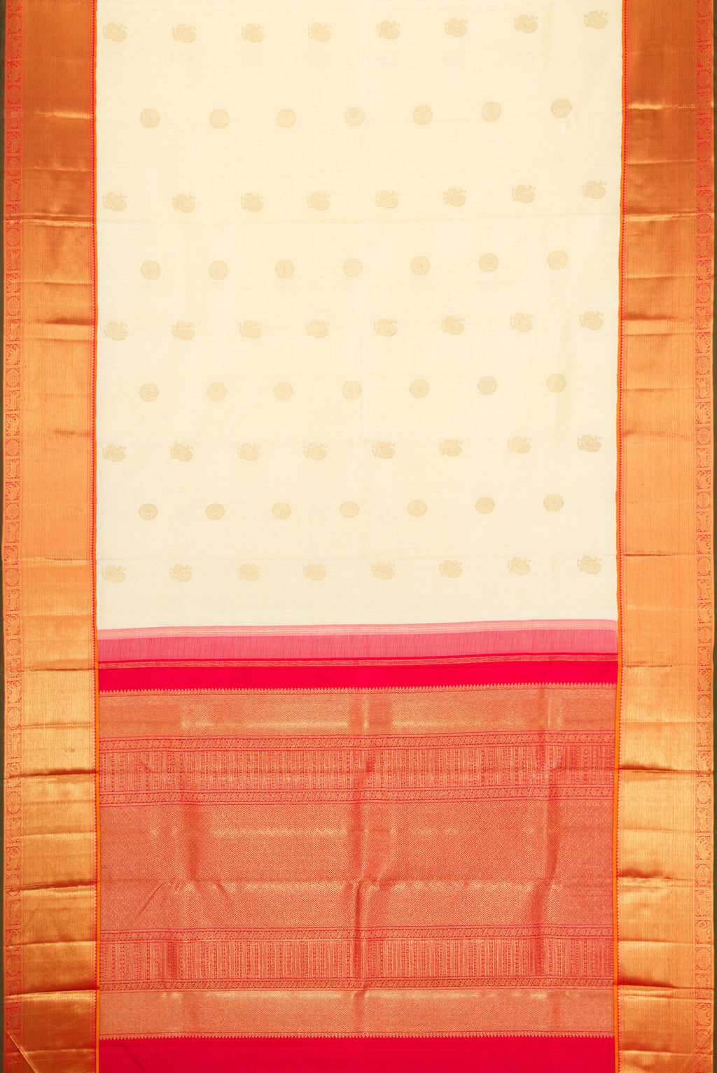 Flat view of Pure Silk Pure Zari Sandal Dual Tone Kanjivaram Saree with Zari Butta on the body and Zari Border. 