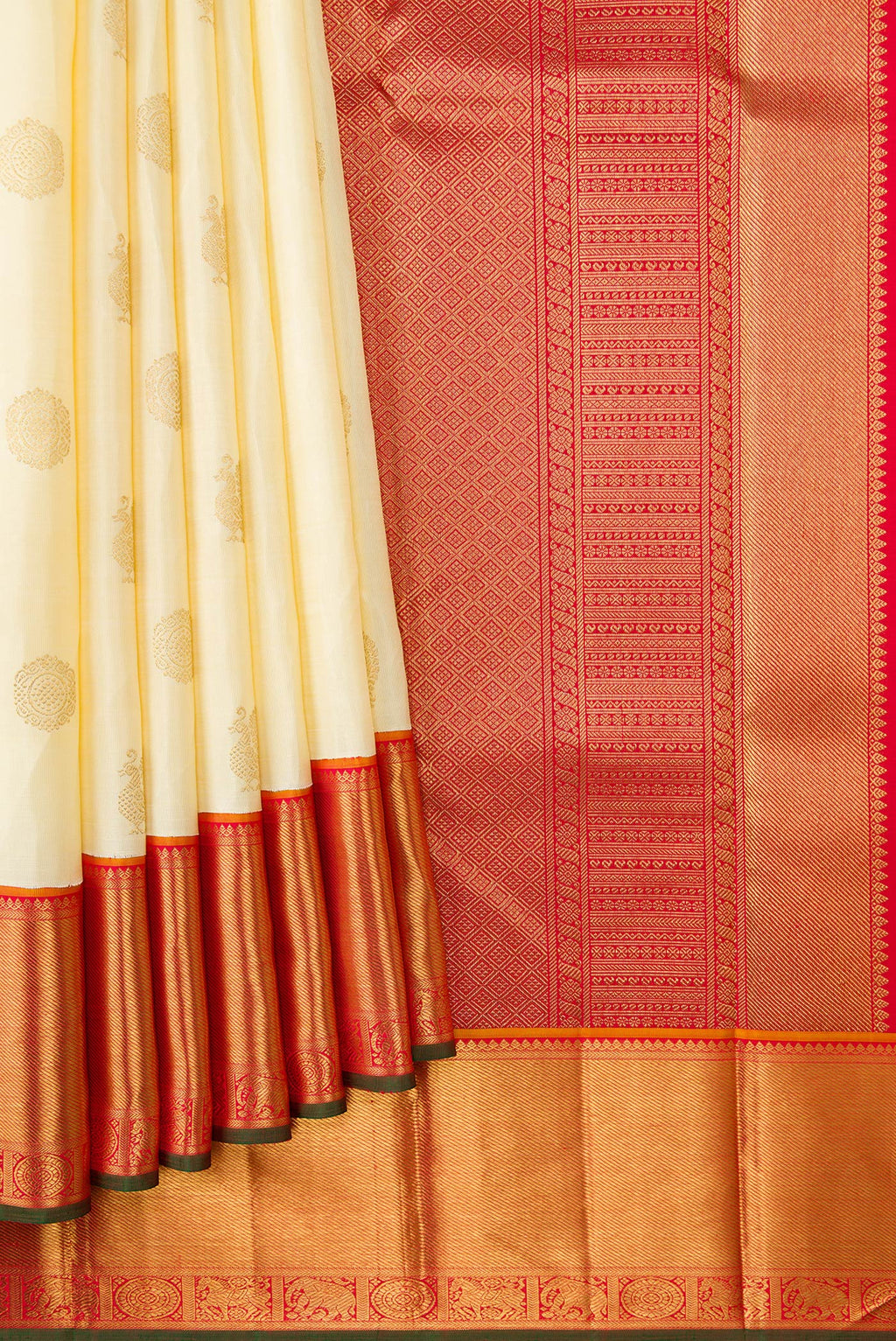 Pleats and pallu of Pure Silk Pure Zari Sandal Dual Tone Kanjivaram Saree with Zari Butta on the body and Zari Border. 