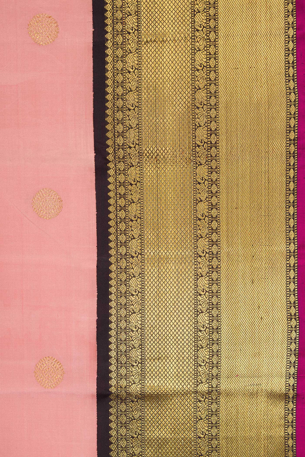 Border image of Pure Silk Pure Zari Golden Peach Dual Tone Kanjivaram Saree with Zari Butta on the body and Zari Border. 