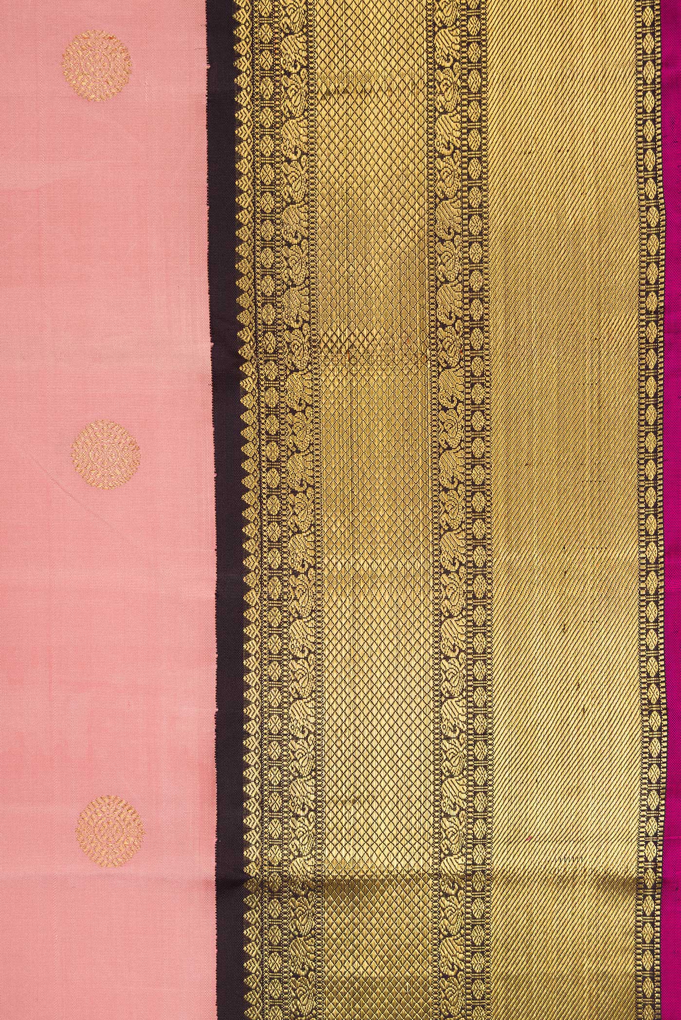 Border image of Pure Silk Pure Zari Golden Peach Dual Tone Kanjivaram Saree with Zari Butta on the body and Zari Border. 