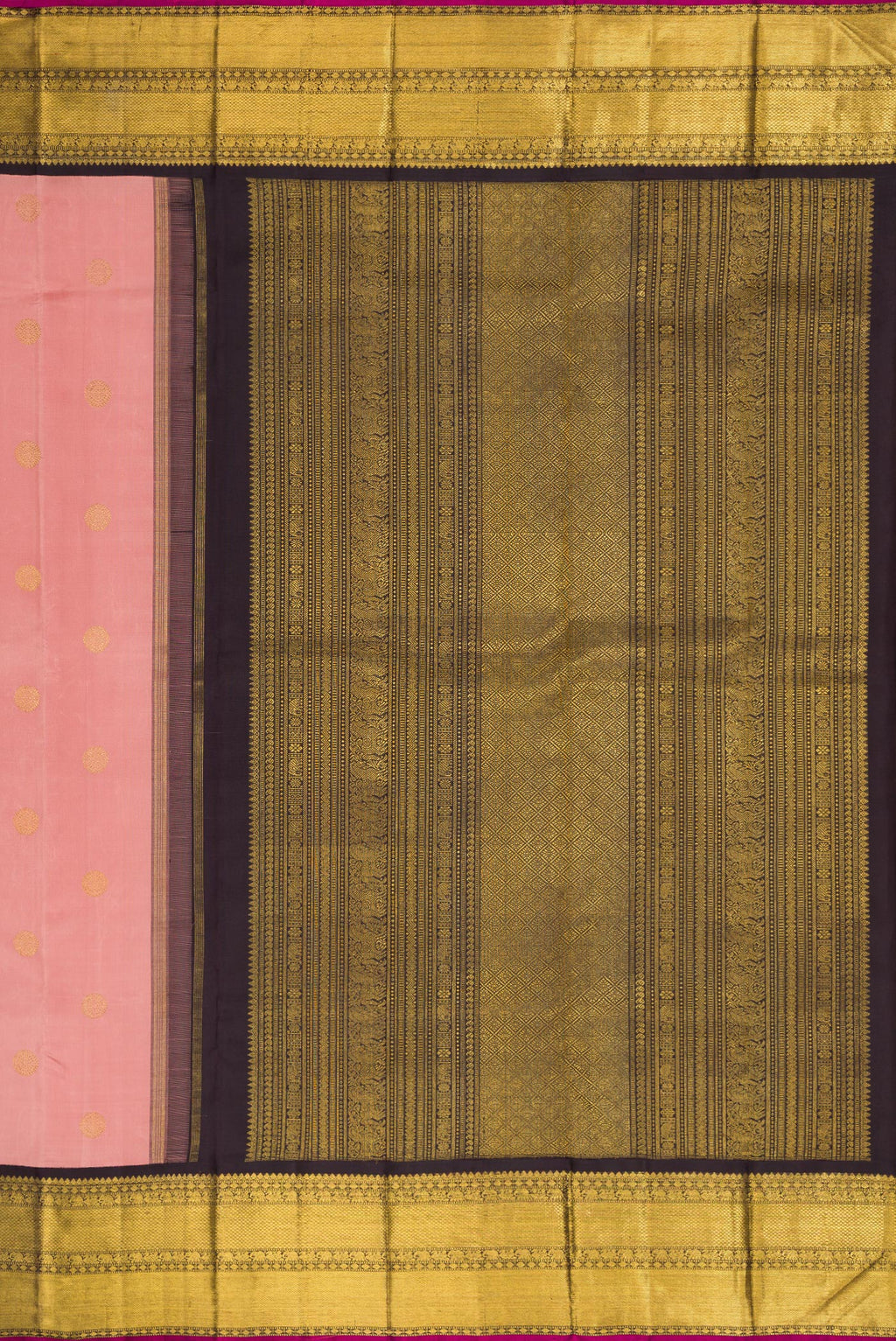 Close up image of the pallu of Pure Silk Pure Zari Golden Peach Dual Tone Kanjivaram Saree with Zari Butta on the body and Zari Border. 