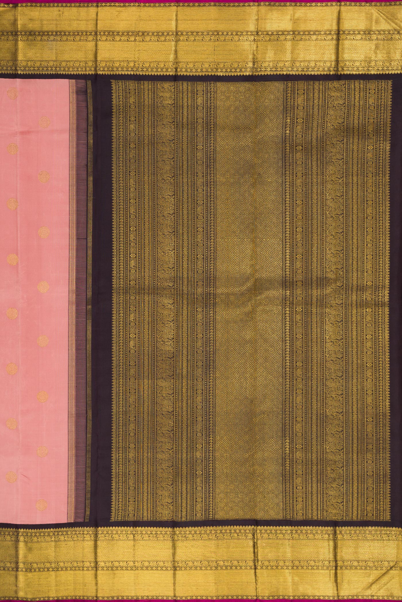 Close up image of the pallu of Pure Silk Pure Zari Golden Peach Dual Tone Kanjivaram Saree with Zari Butta on the body and Zari Border. 