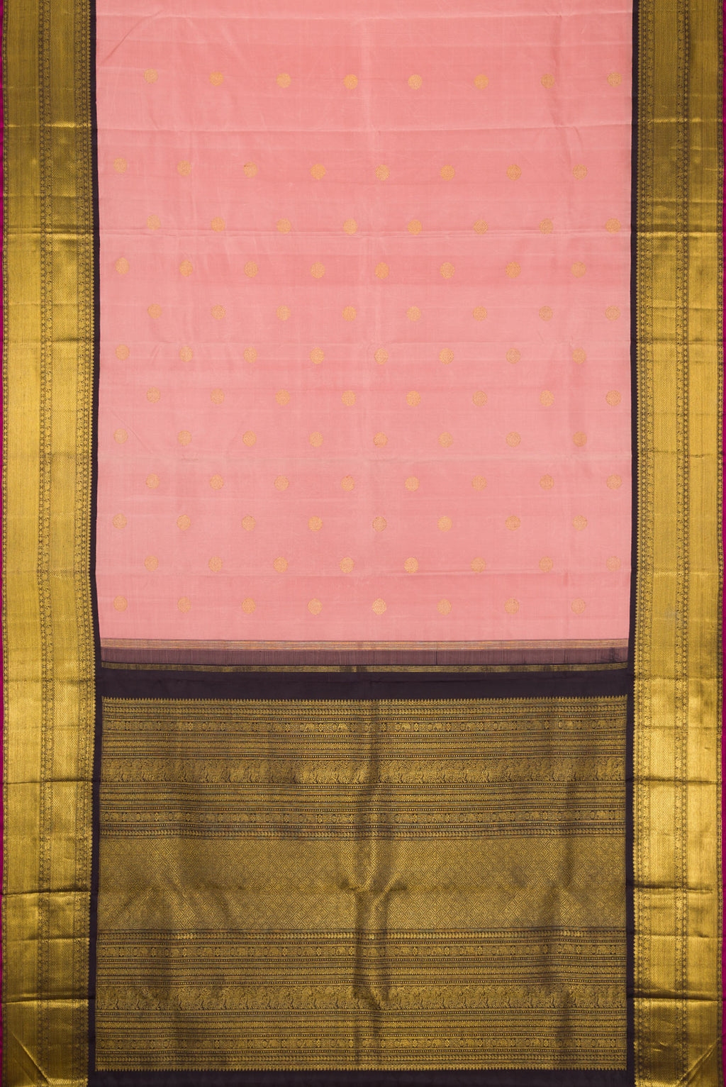 Flat view of Pure Silk Pure Zari Golden Peach Dual Tone Kanjivaram Saree with Zari Butta on the body and Zari Border. 
