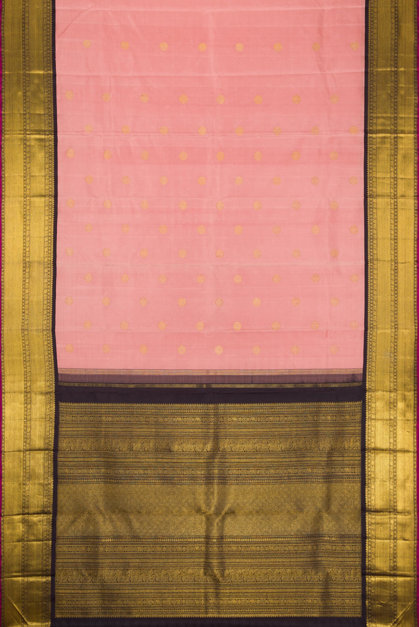 Flat view of Pure Silk Pure Zari Golden Peach Dual Tone Kanjivaram Saree with Zari Butta on the body and Zari Border. 