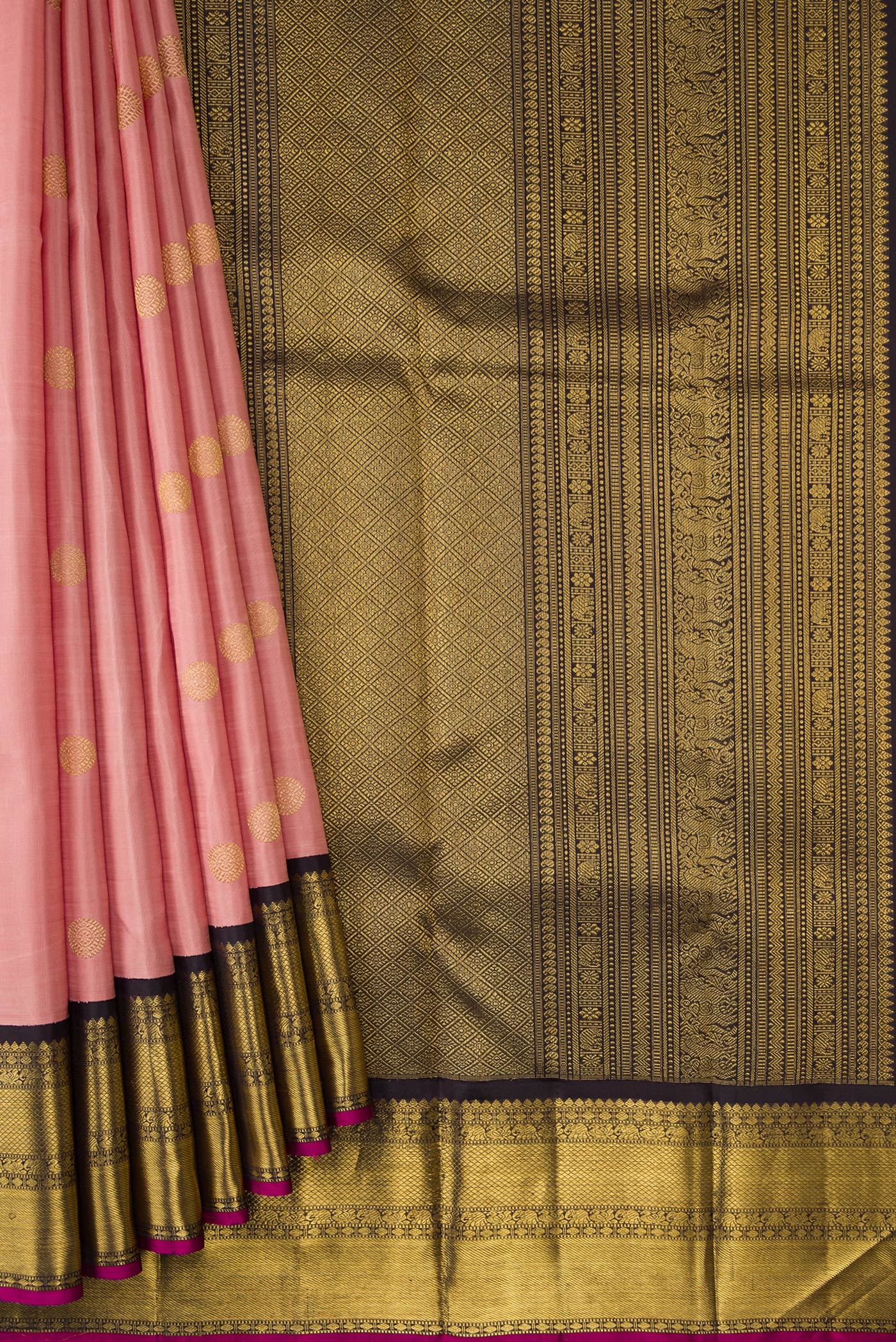 Pleats and pallu of Pure Silk Pure Zari Golden Peach Dual Tone Kanjivaram Saree with Zari Butta on the body and Zari Border. 