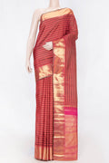 Pure Silk Pure Zari Red Dual Tone Kanchipuram Saree with Stripes on the body and Zari Border displayed on a mannequin