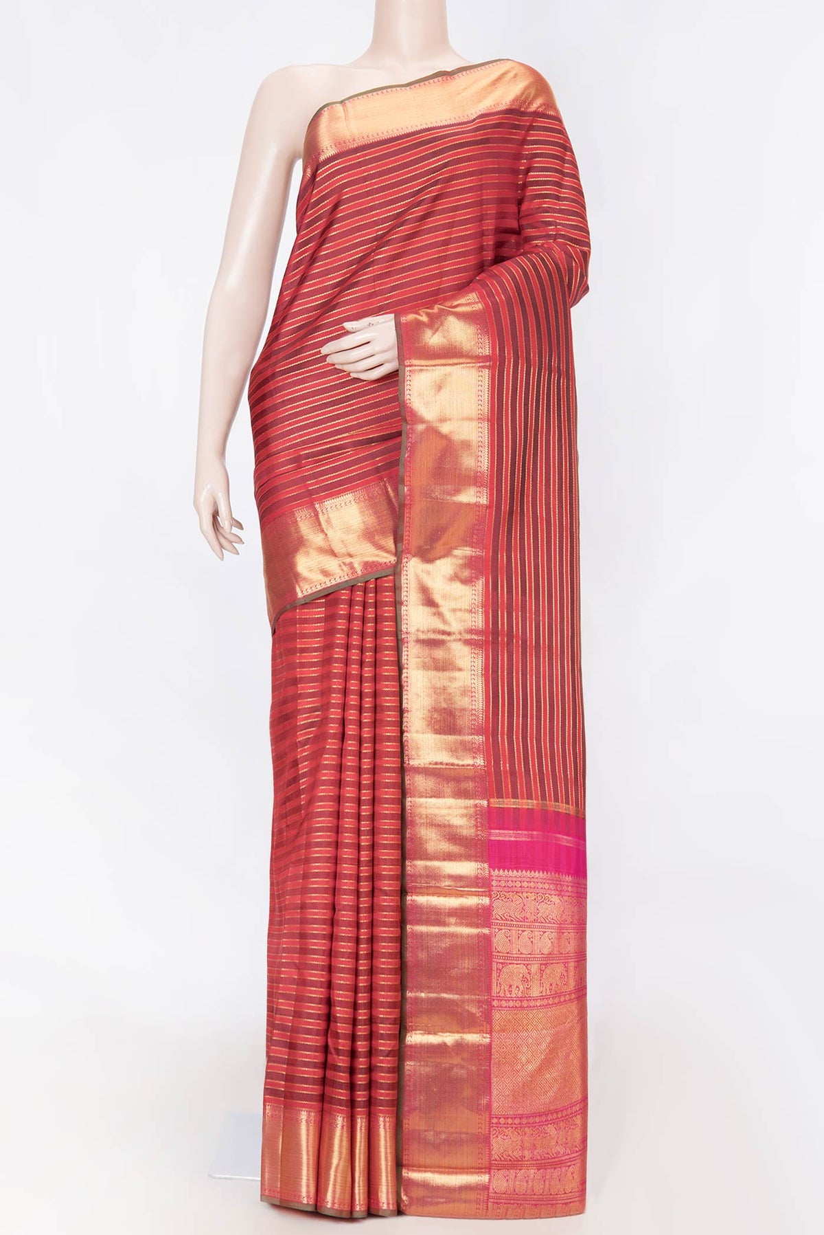 Pure Silk Pure Zari Red Dual Tone Kanchipuram Saree with Stripes on the body and Zari Border displayed on a mannequin