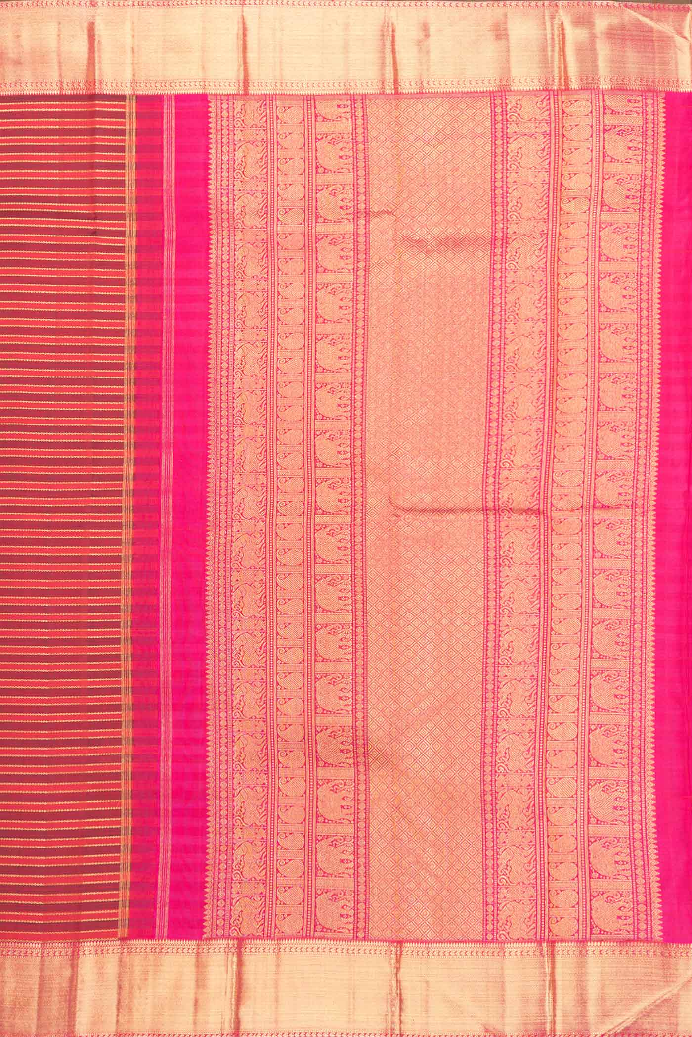 Close up image of the pallu of Pure Silk Pure Zari Red Dual Tone Kanchipuram Saree with Stripes on the body and Zari Border