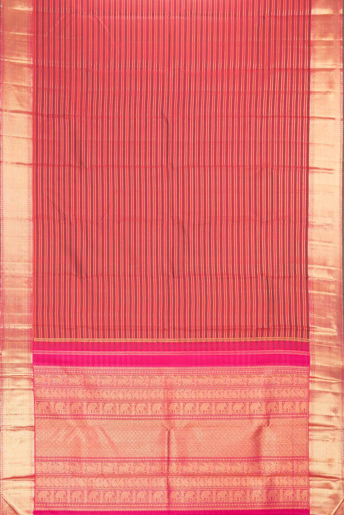 Flat view of Pure Silk Pure Zari Red Dual Tone Kanchipuram Saree with Stripes on the body and Zari Border