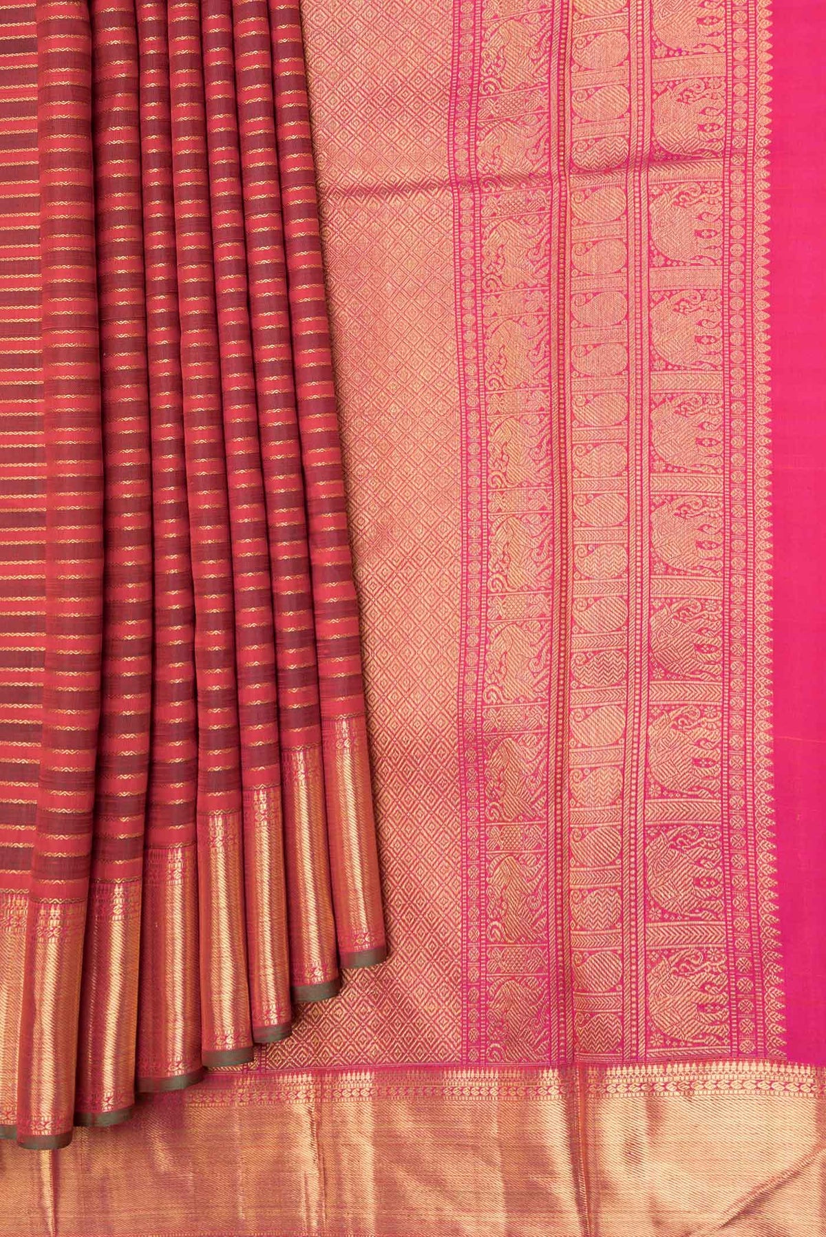 Pleats and pallu of Pure Silk Pure Zari Red Dual Tone Kanchipuram Saree with Stripes on the body and Zari Border