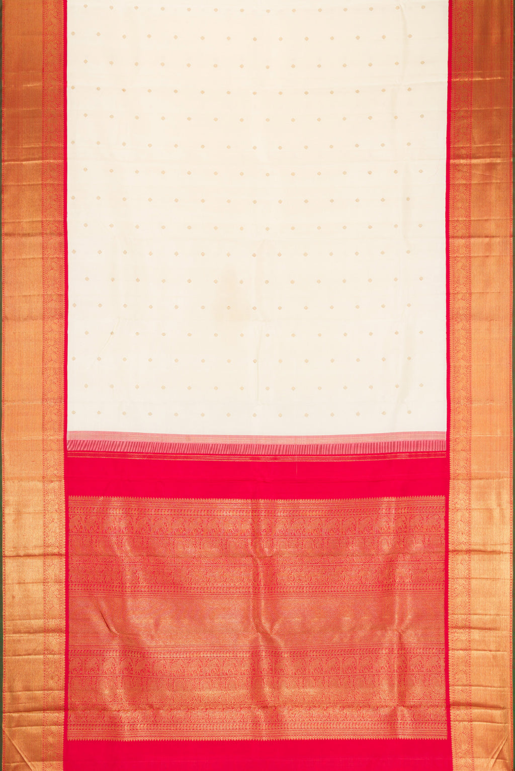Flat view of Pure Silk Pure Zari Off White Dual Tone Kanjivaram Saree with Zari Butta on the body and Zari Border. 