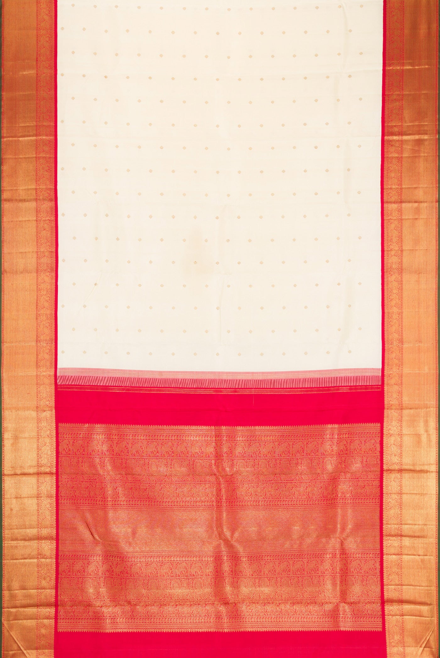 Flat view of Pure Silk Pure Zari Off White Dual Tone Kanjivaram Saree with Zari Butta on the body and Zari Border. 