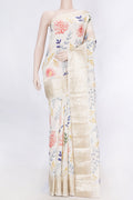 Beige Dual Tone Chanderi Silk SareePrinted design on the body and Zari Border displayed on a mannequin