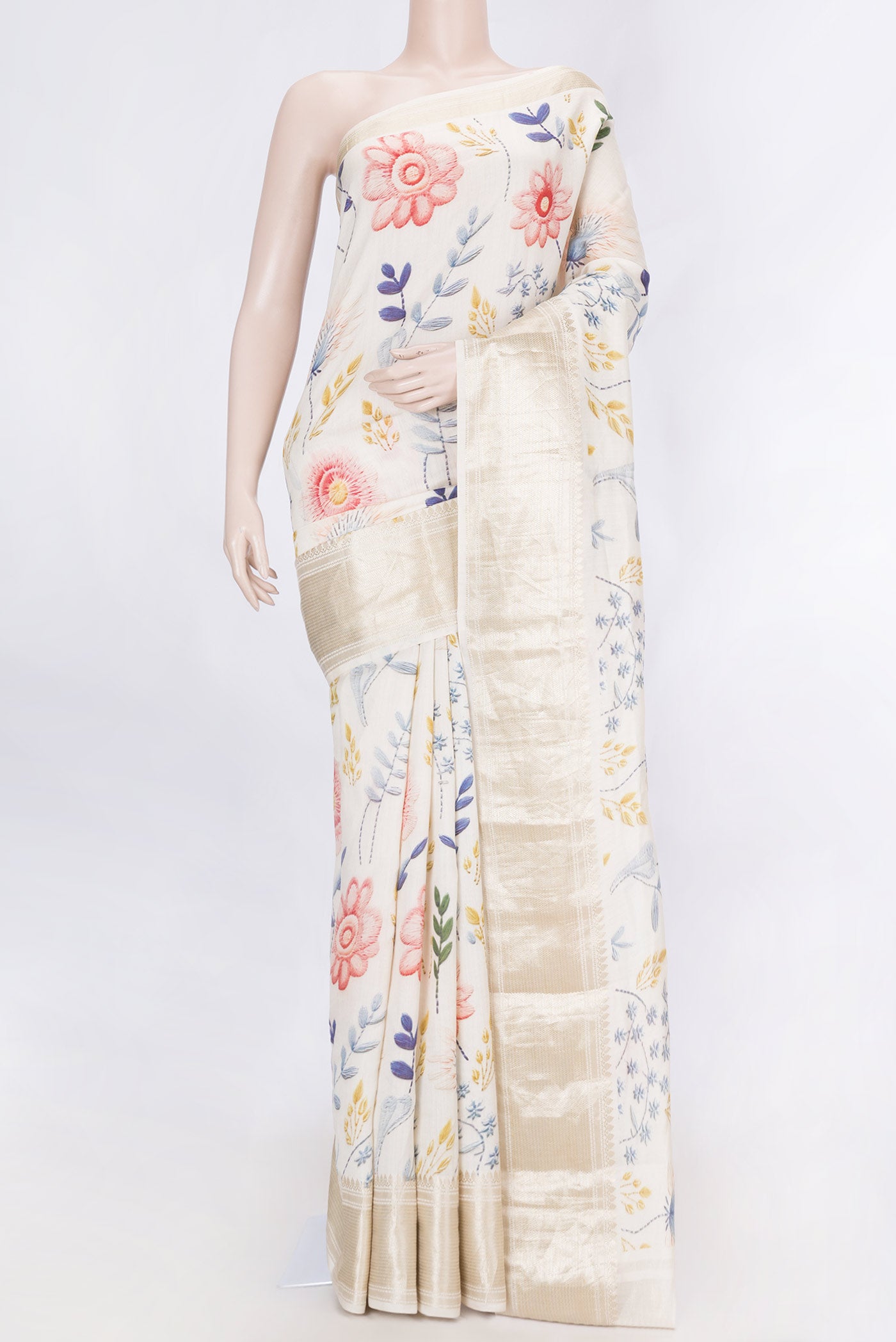 Beige Dual Tone Chanderi Silk SareePrinted design on the body and Zari Border displayed on a mannequin