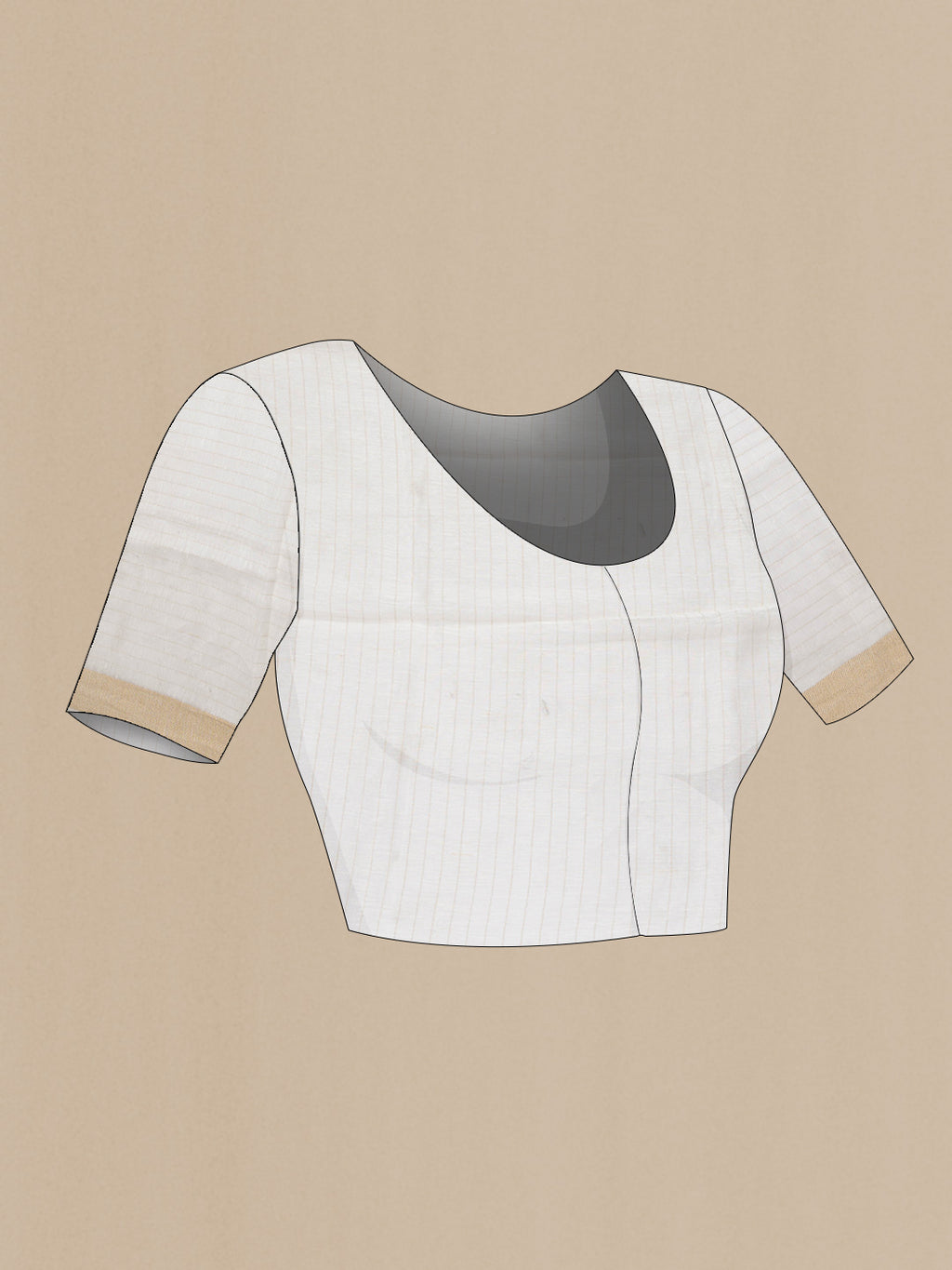 Close up image of the blouse of Beige Dual Tone Linen Saree with Printed design on the body and Zari Border. 