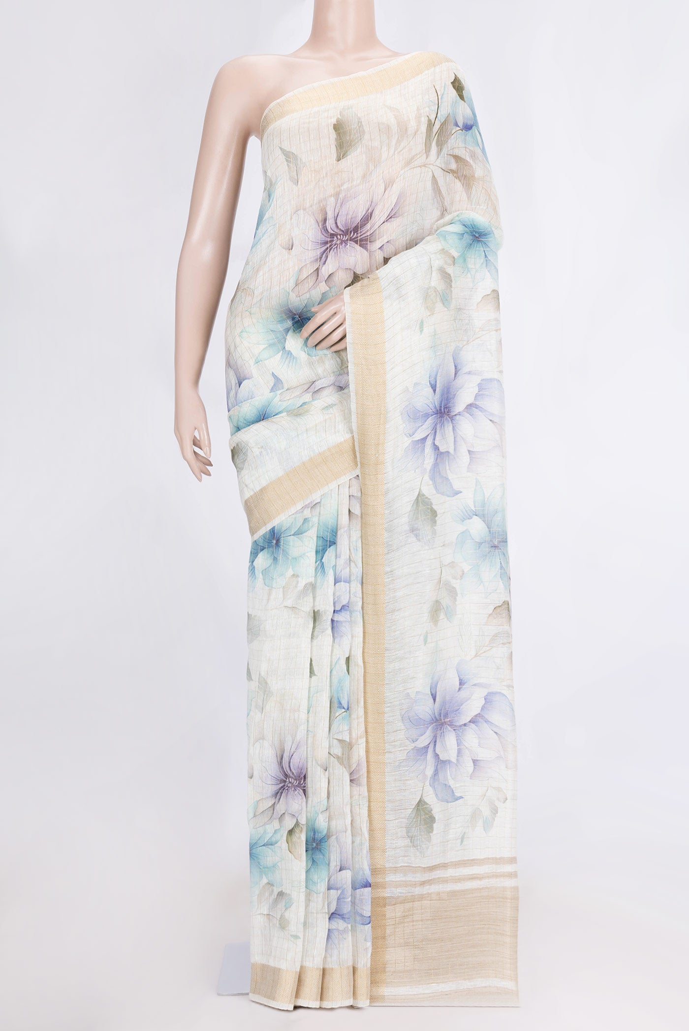 Beige Dual Tone Linen Saree with Printed design on the body and Zari Border.  displayed on a mannequin