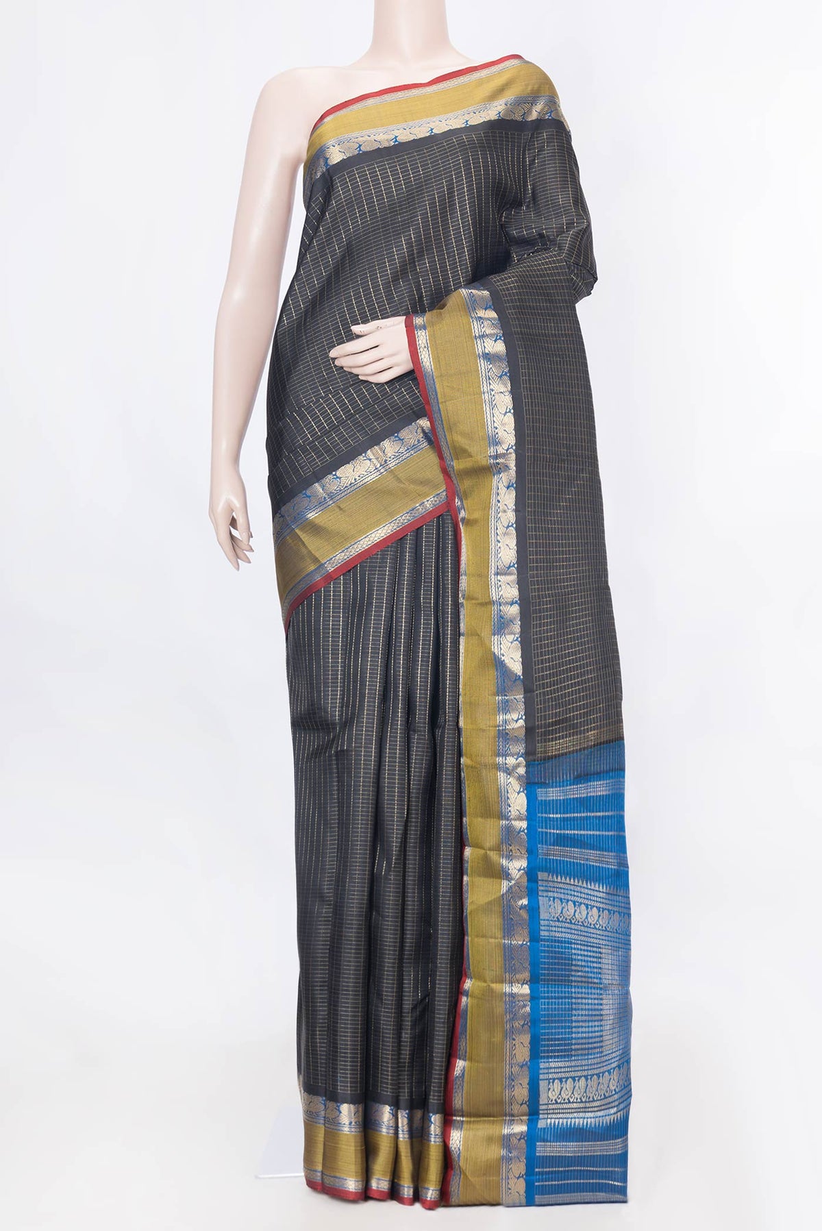Pure Silk Pure Zari Black Dual Tone Kanchipuram Saree Checked design on the body and Zari Border displayed on a mannequin