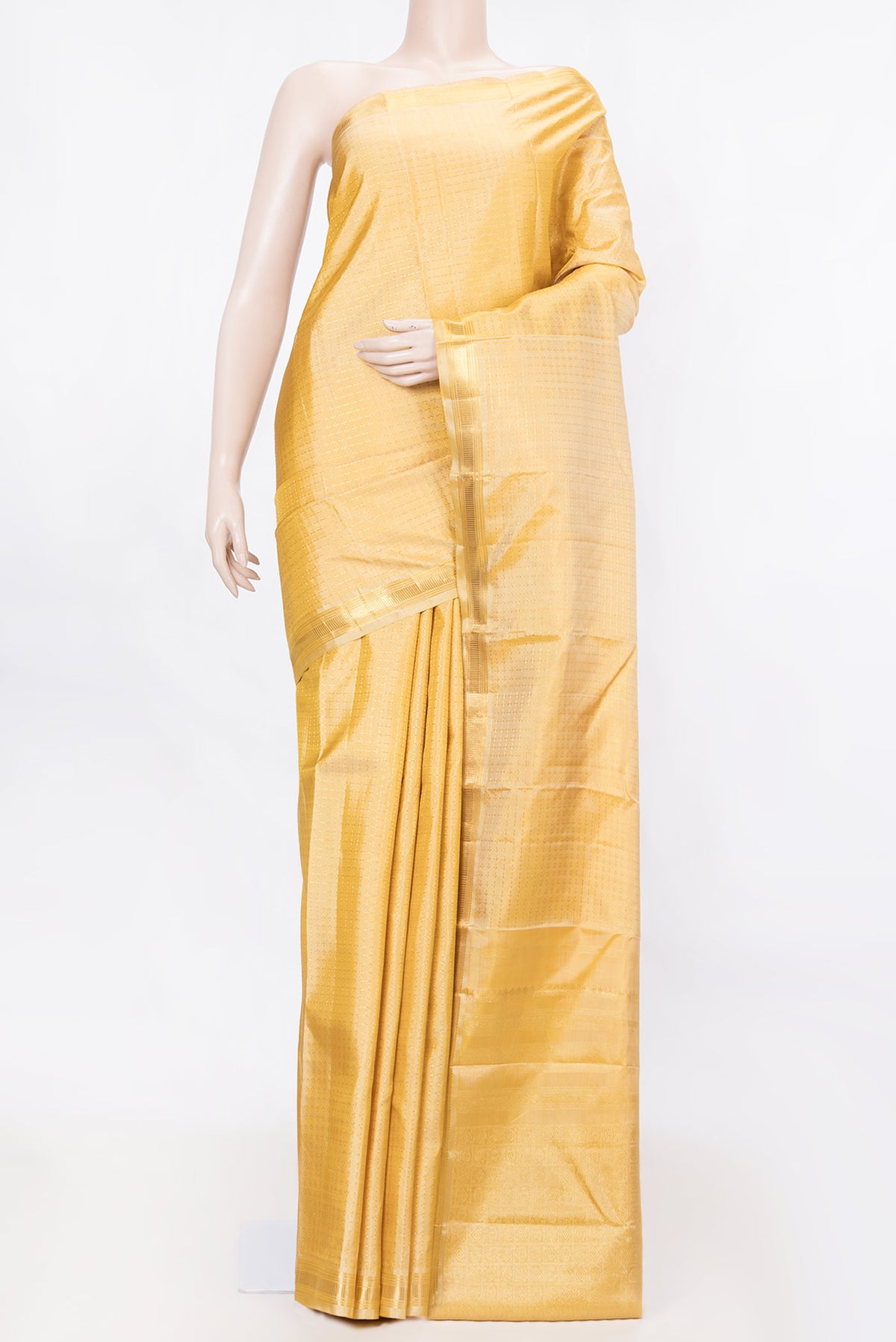 Pure Silk Pure Zari Sandal Dual Tone Kanchipuram Saree Checked design on the body and Zari Border displayed on a mannequin