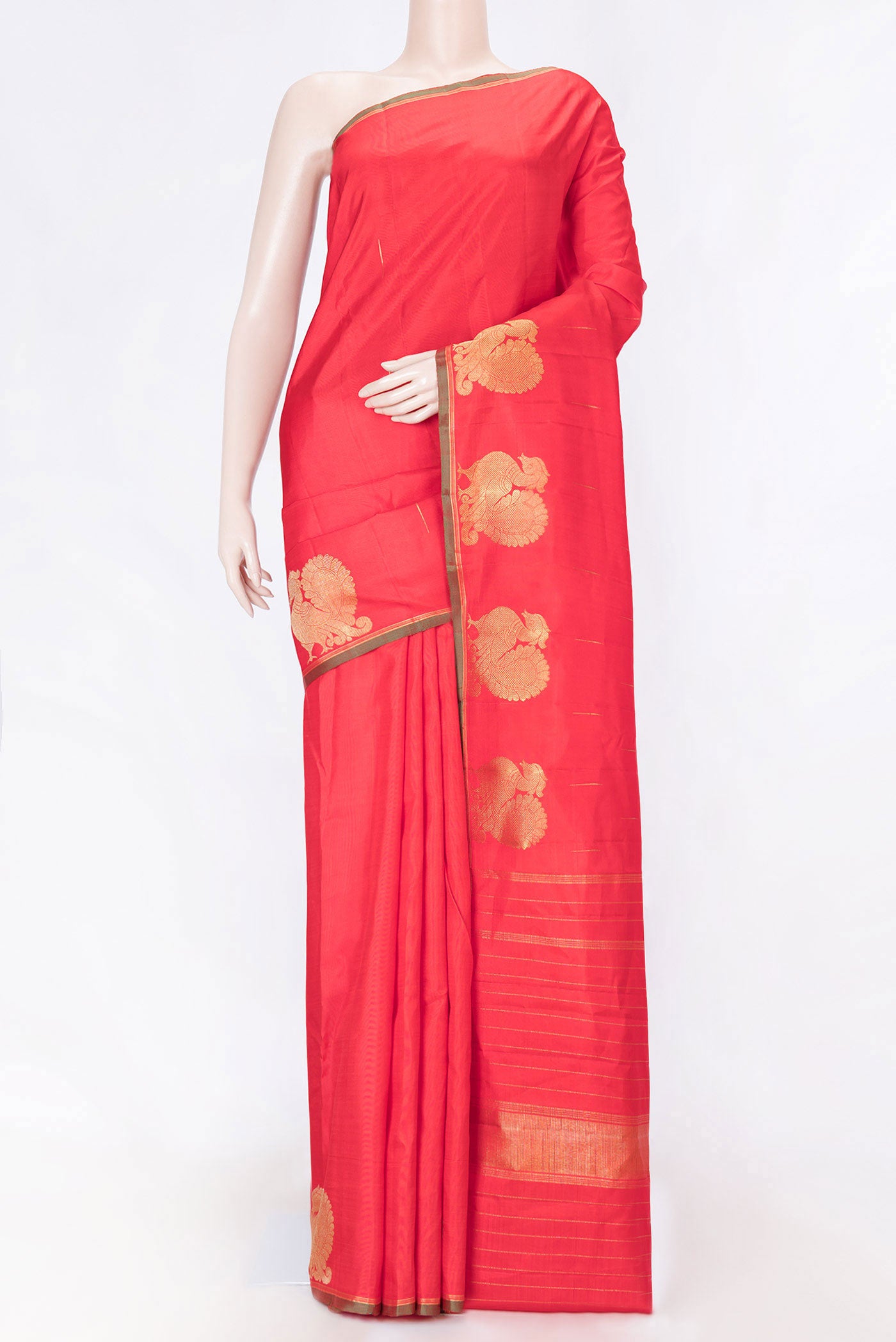 Pure Silk Pure Zari Red Dual Tone Kanchipuram Saree with Zari Butta on the body and Fancy Border displayed on a mannequin