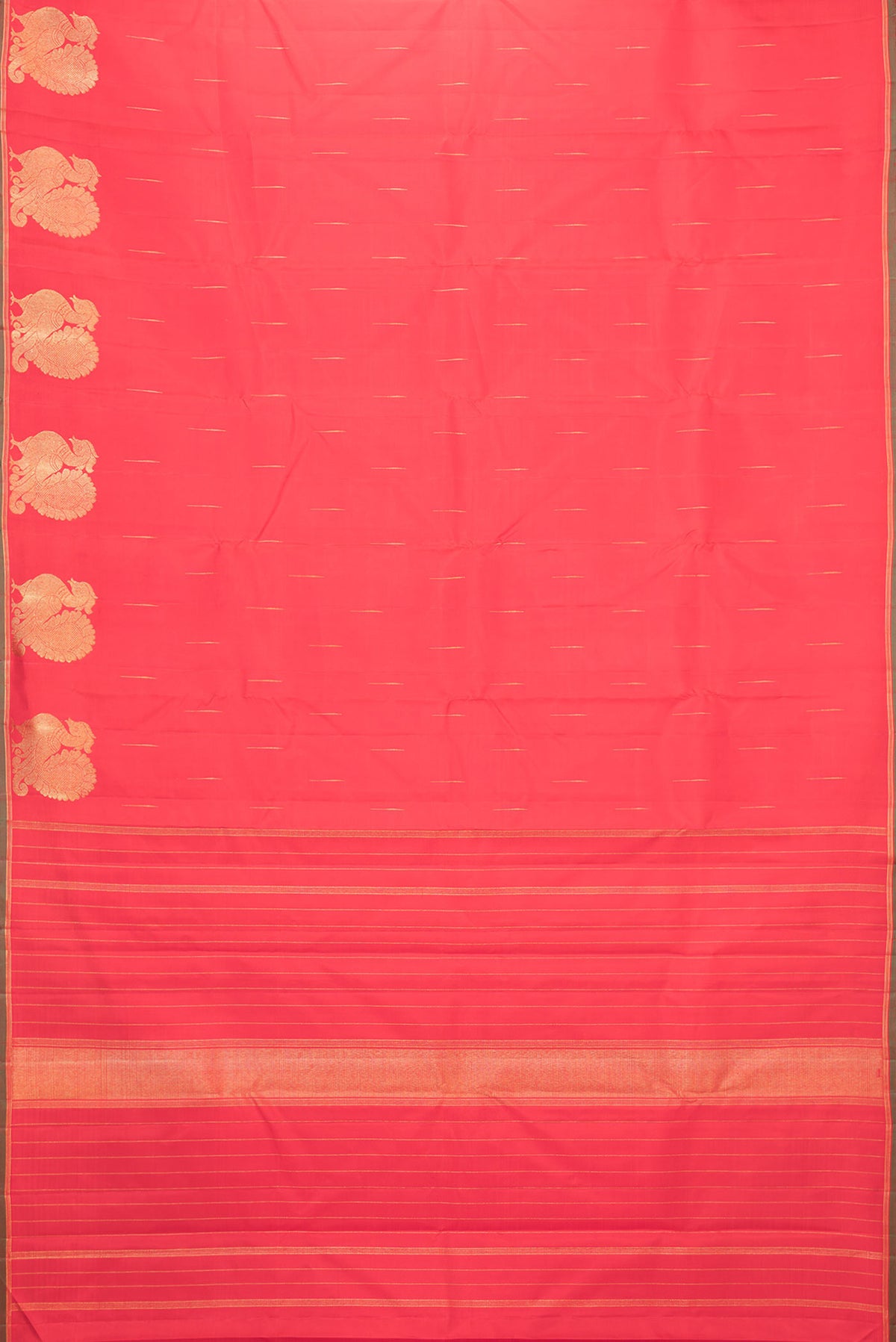 Flat view of Pure Silk Pure Zari Red Dual Tone Kanchipuram Saree with Zari Butta on the body and Fancy Border