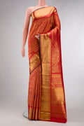 Pure Silk Pure Zari Red Dual Tone Kanjivaram Saree with Zari Brocade on the body and Zari Border.  displayed on a mannequin