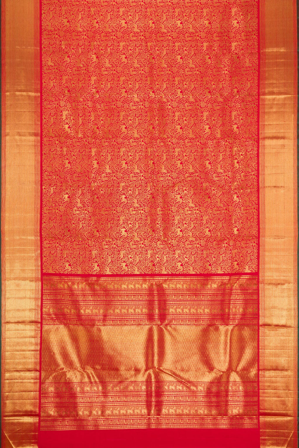 Flat view of Pure Silk Pure Zari Red Dual Tone Kanjivaram Saree with Zari Brocade on the body and Zari Border. 