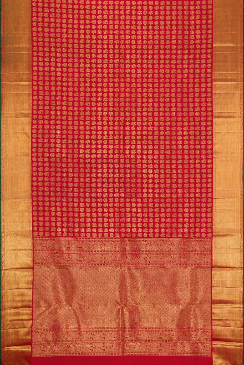 Flat view of Pure Silk Pure Zari Red Dual Tone Kanjivaram Saree with Zari Brocade on the body and Zari Border. 