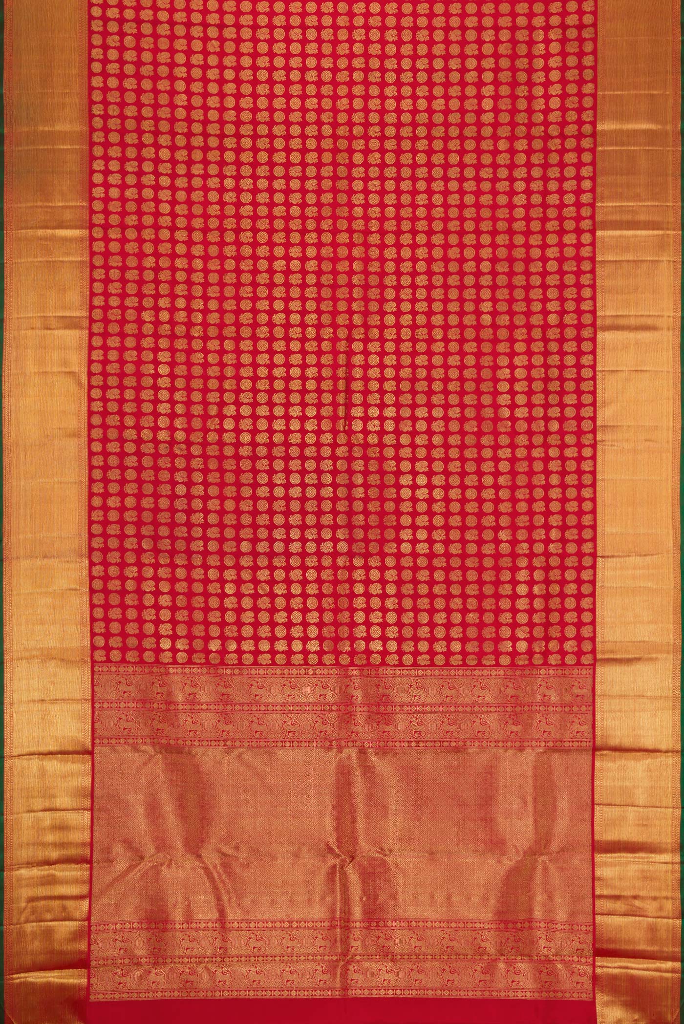 Flat view of Pure Silk Pure Zari Red Dual Tone Kanjivaram Saree with Zari Brocade on the body and Zari Border. 