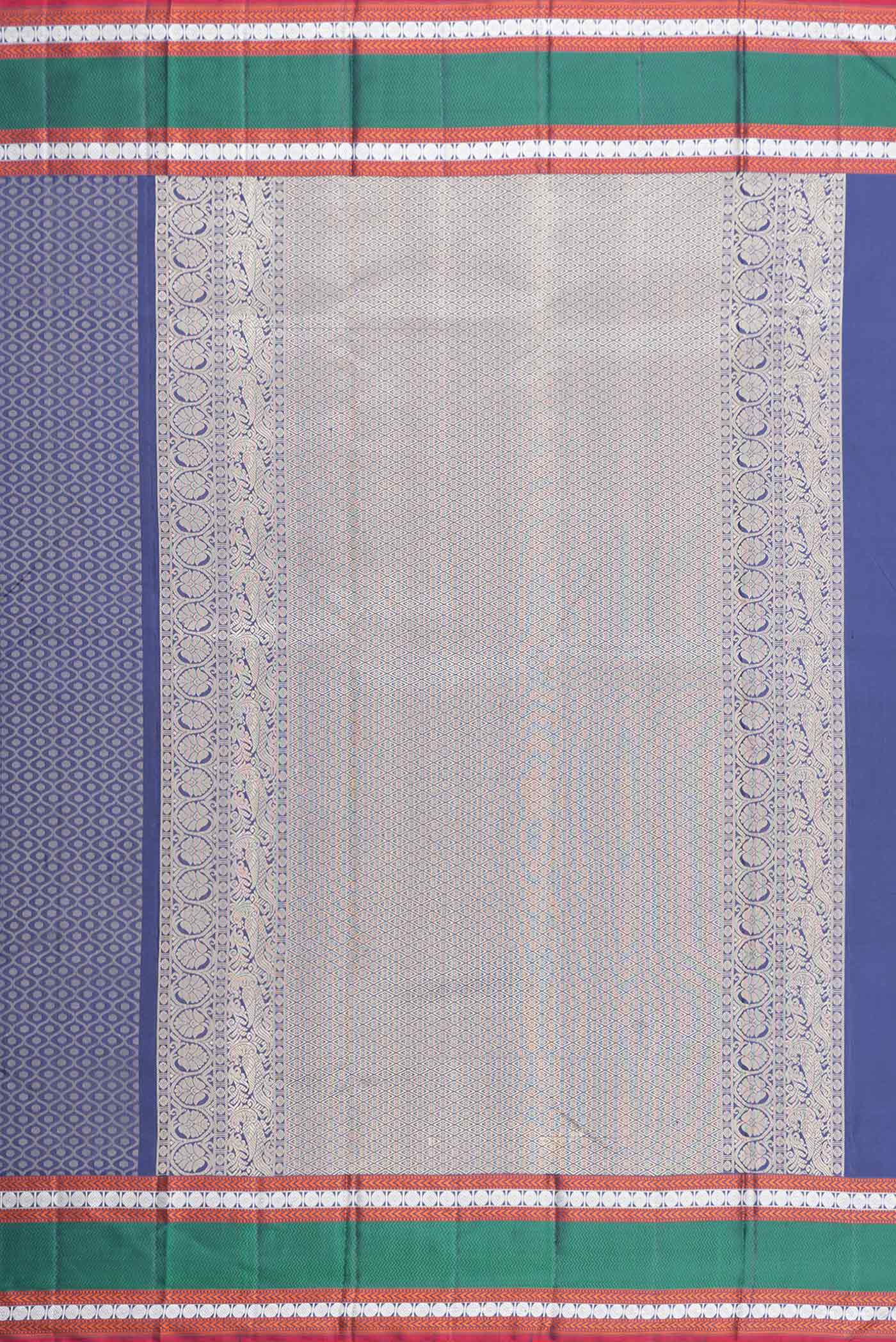 Close up image of the pallu of Navy Blue Dual Tone Kanchipuram Saree with Jacquard design on the body and Thread Border. 
