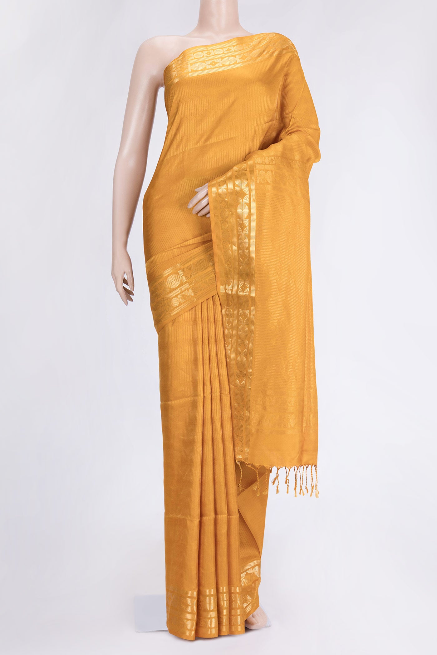 Mustard Dual Tone Soft Silk Saree with Zari Brocade on the body and Zari Border.  displayed on a mannequin