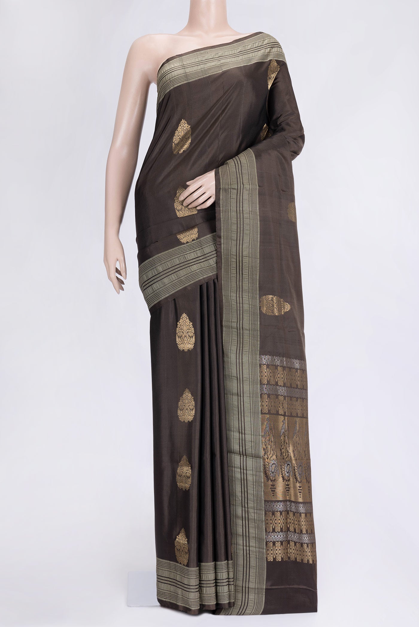 Coffee Brown Dual Tone Soft Silk Saree with Zari Butta on the body and Thread Border.  displayed on a mannequin