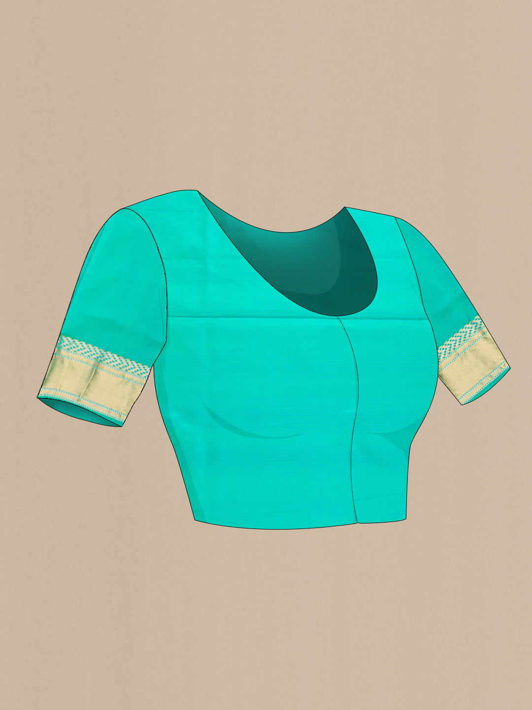 Close up image of the blouse of Sea Green Dual Tone Soft Silk Saree with Zari Butta on the body and Zari Border. 