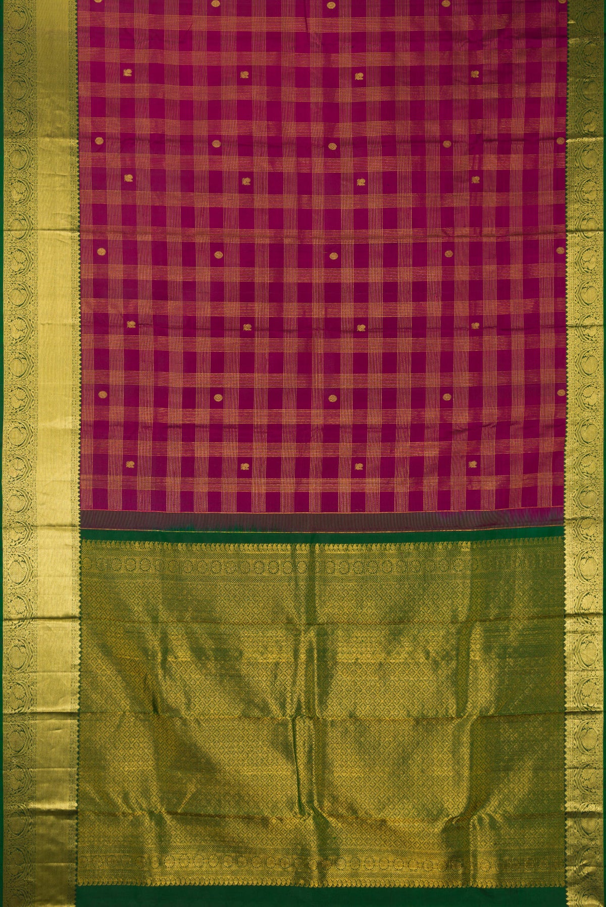 Flat view of Pure Silk Burgundy Kanjivaram Saree with Checked design on the body and Zari Border. 