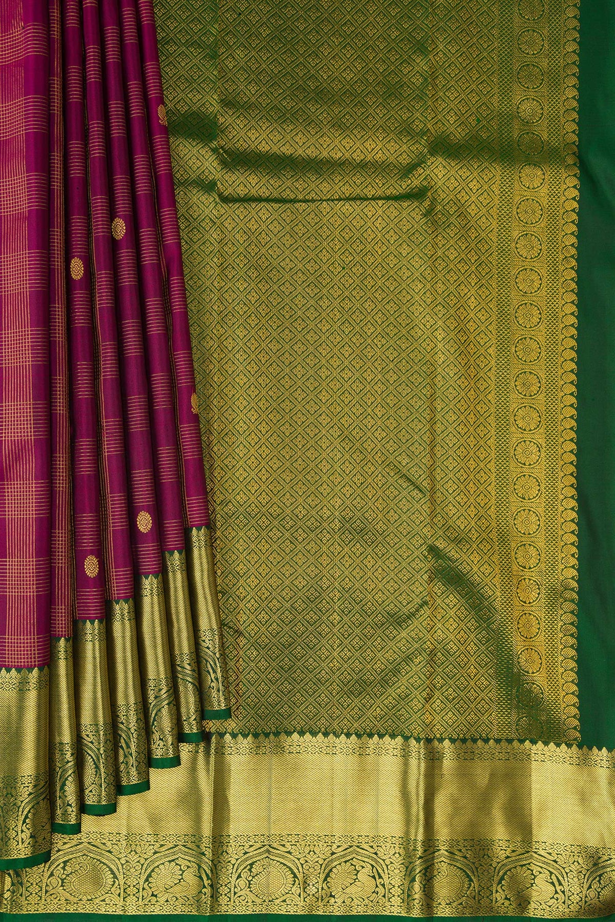 Pleats and pallu of Pure Silk Burgundy Kanjivaram Saree with Checked design on the body and Zari Border. 