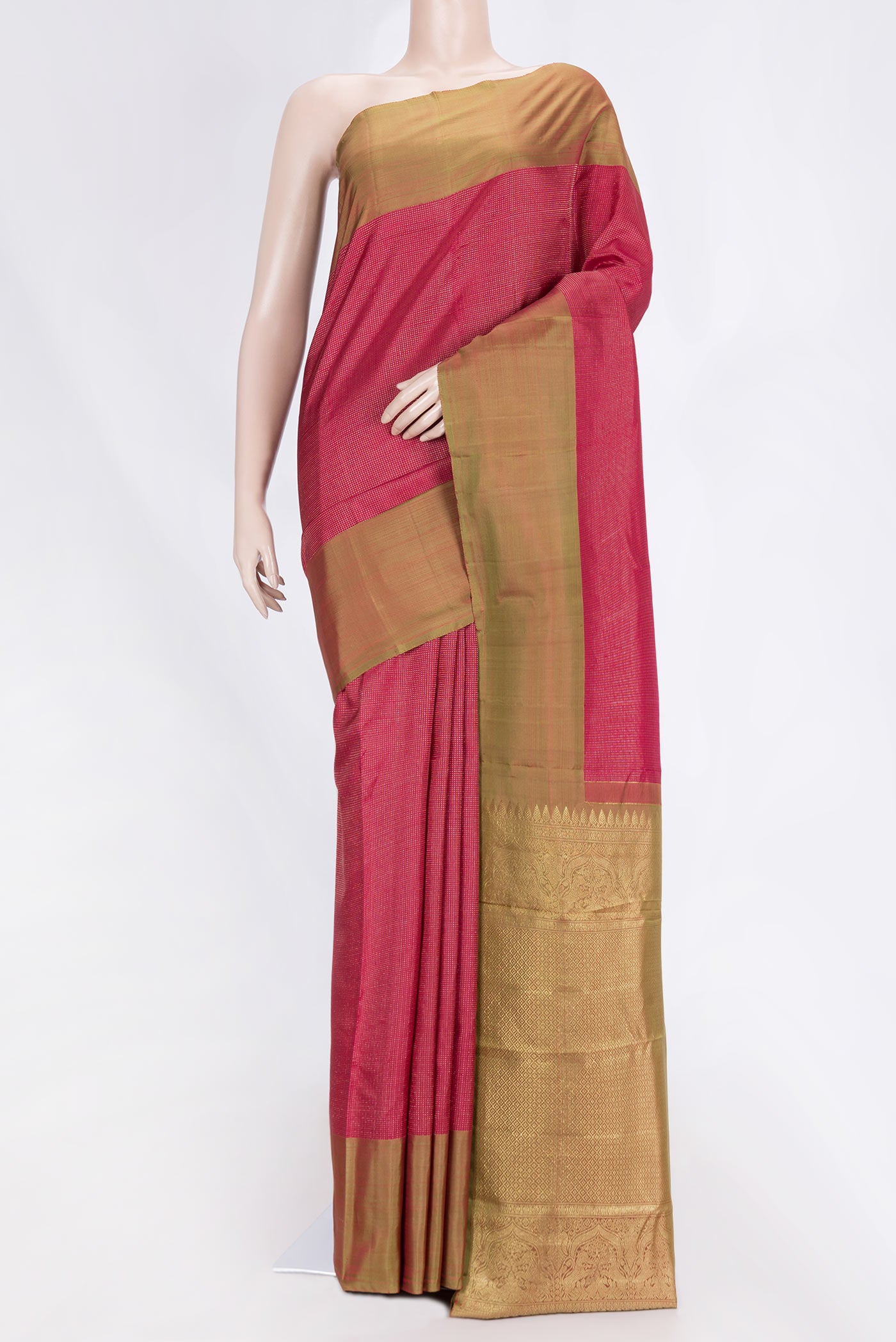 Maroon Dual Tone Kanchipuram Saree with Stripes on the body and Plain Border.  displayed on a mannequin