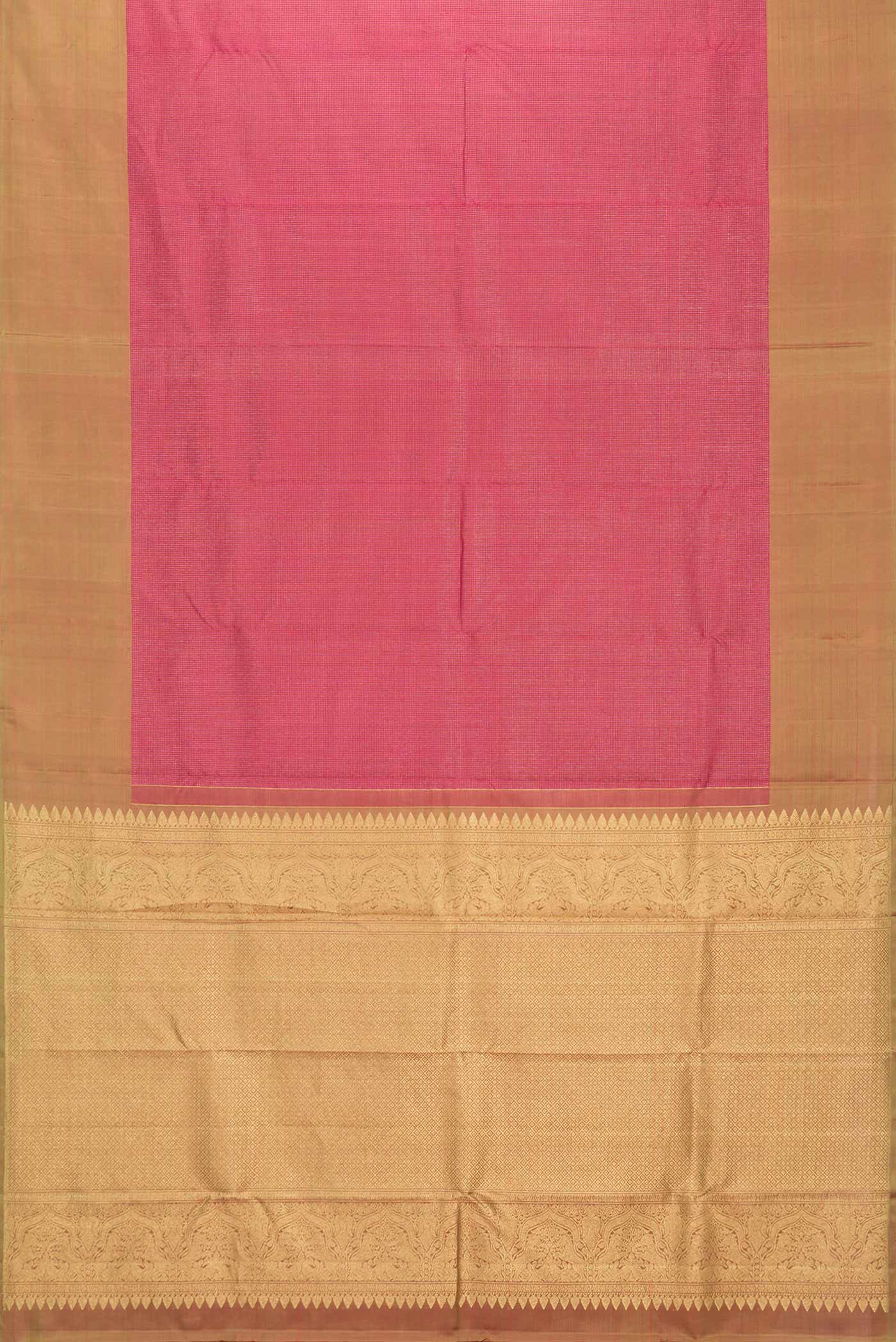 Flat view of Maroon Dual Tone Kanchipuram Saree with Stripes on the body and Plain Border. 