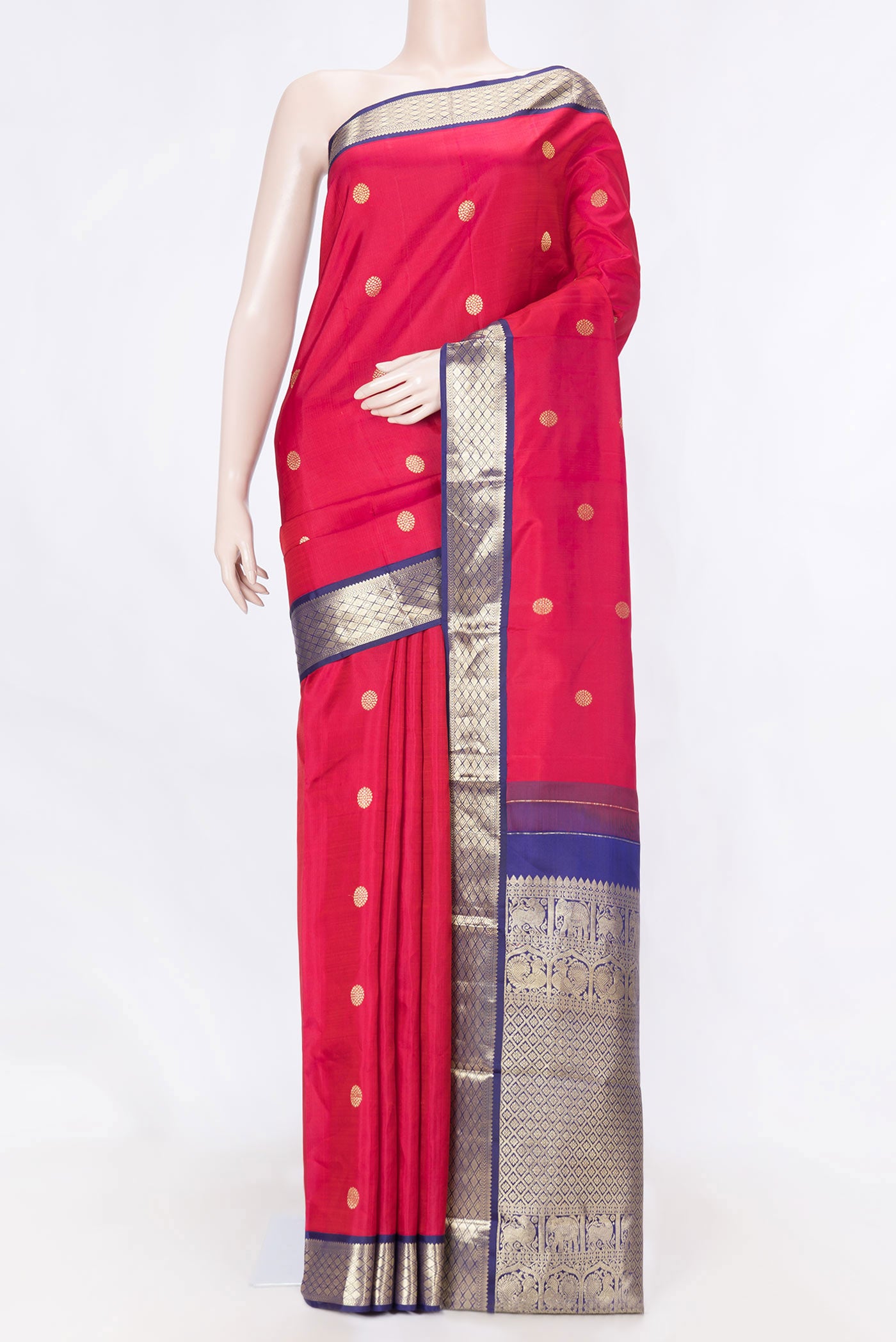 Maroon Dual Tone Kanchipuram Saree with Zari Butta on the body and Zari Border displayed on a mannequin