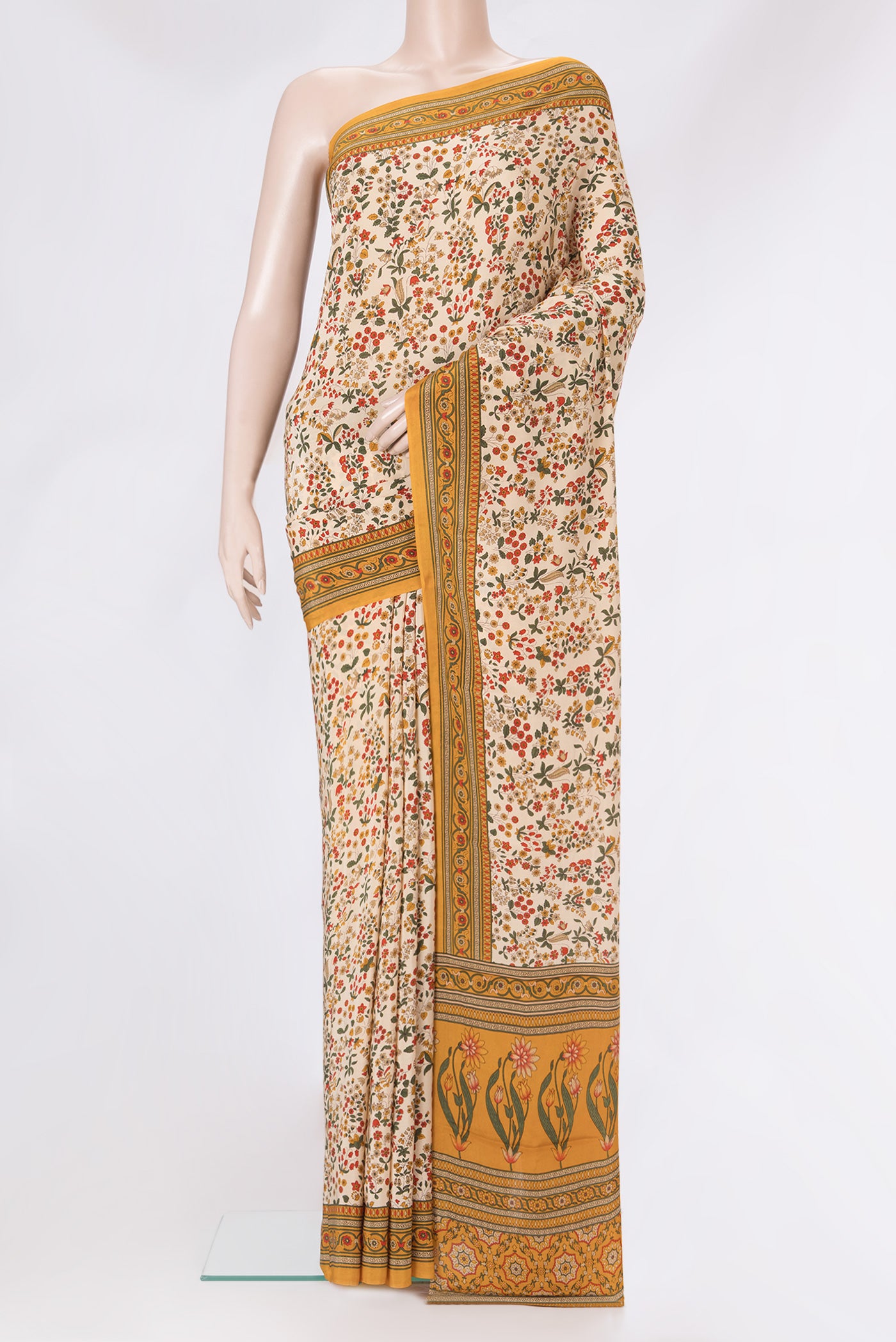 Sandal Dual Tone Crepe Saree with Printed design on the body and Printed Border.  displayed on a mannequin