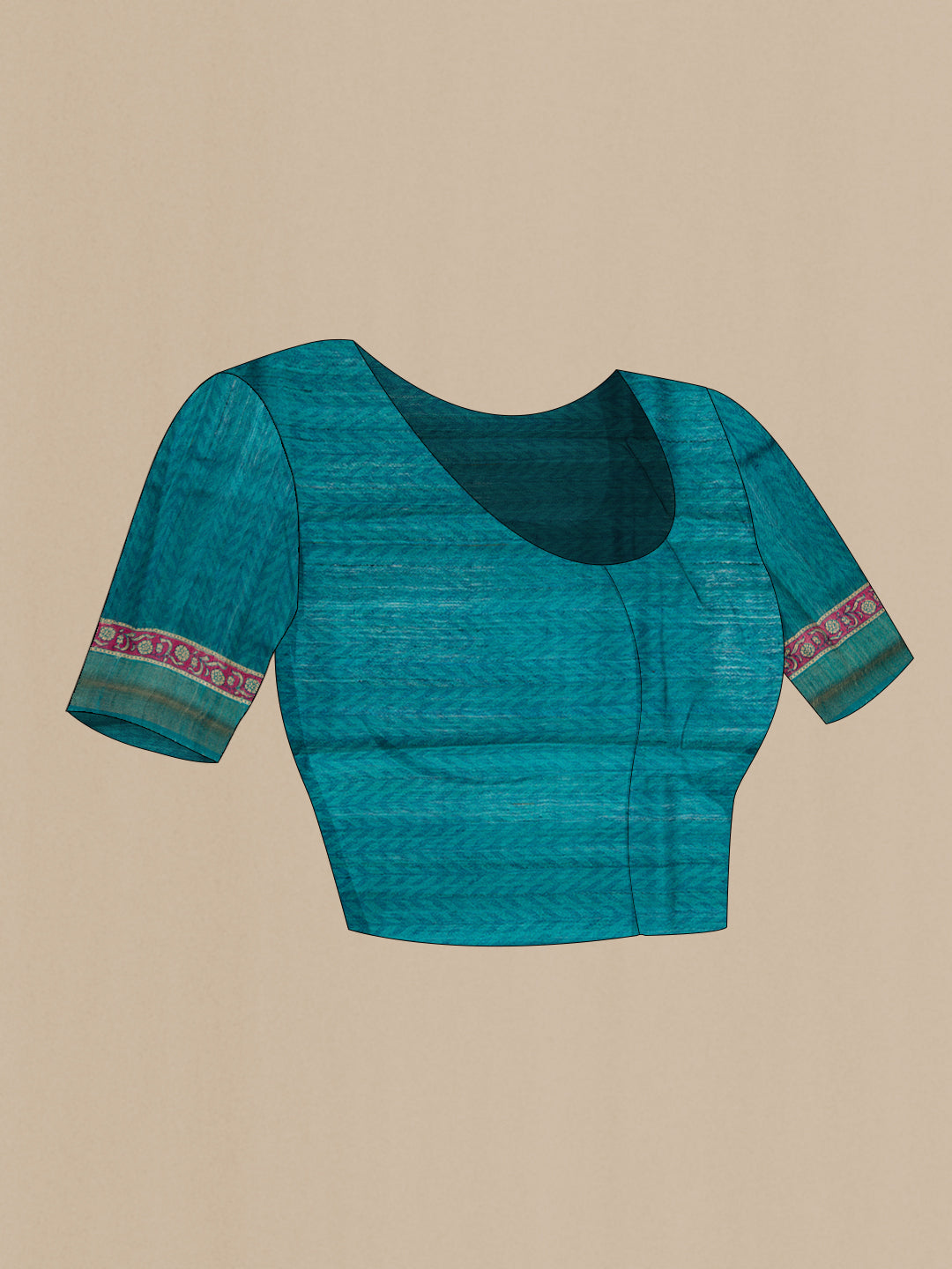 Close up image of the blouse of Beige Dual Tone Tussar Silk Saree with Printed design on the body and Fancy Border. 