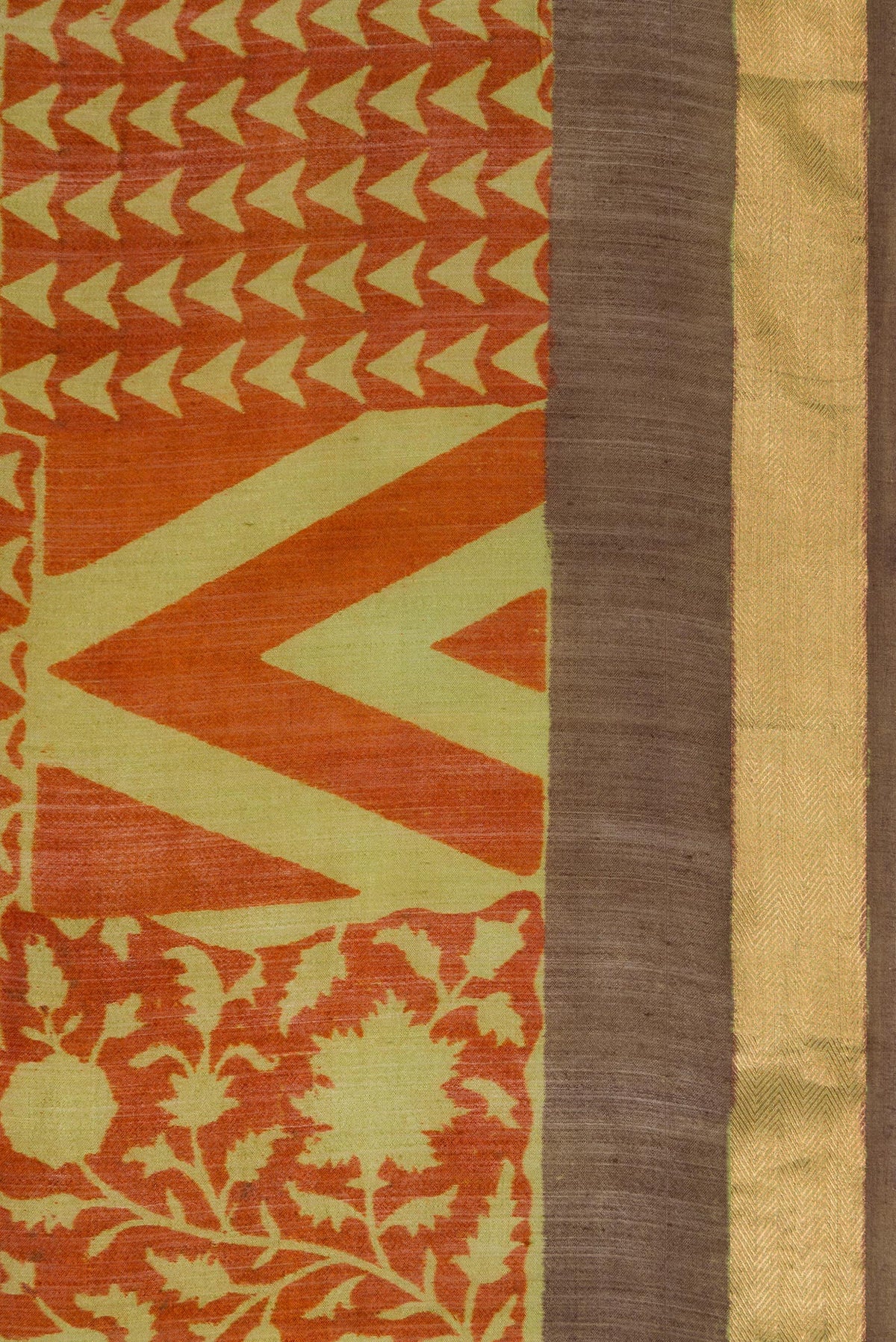 Border image of Brick Orange Dual Tone Tussar Silk Saree with Printed design on the body and Zari Border. 