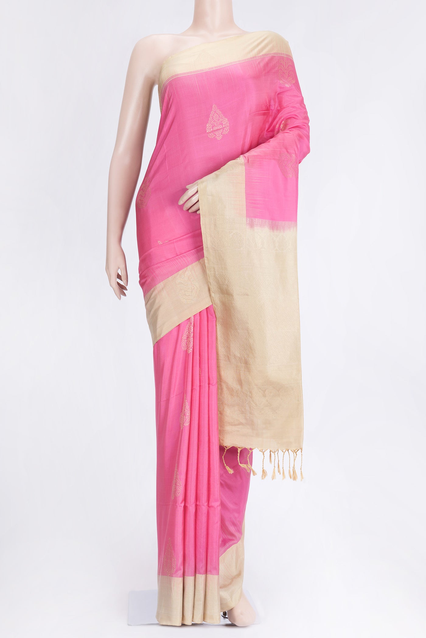 Pink Dual Tone Soft Silk Saree with Zari Butta on the body and Zari Border.  displayed on a mannequin