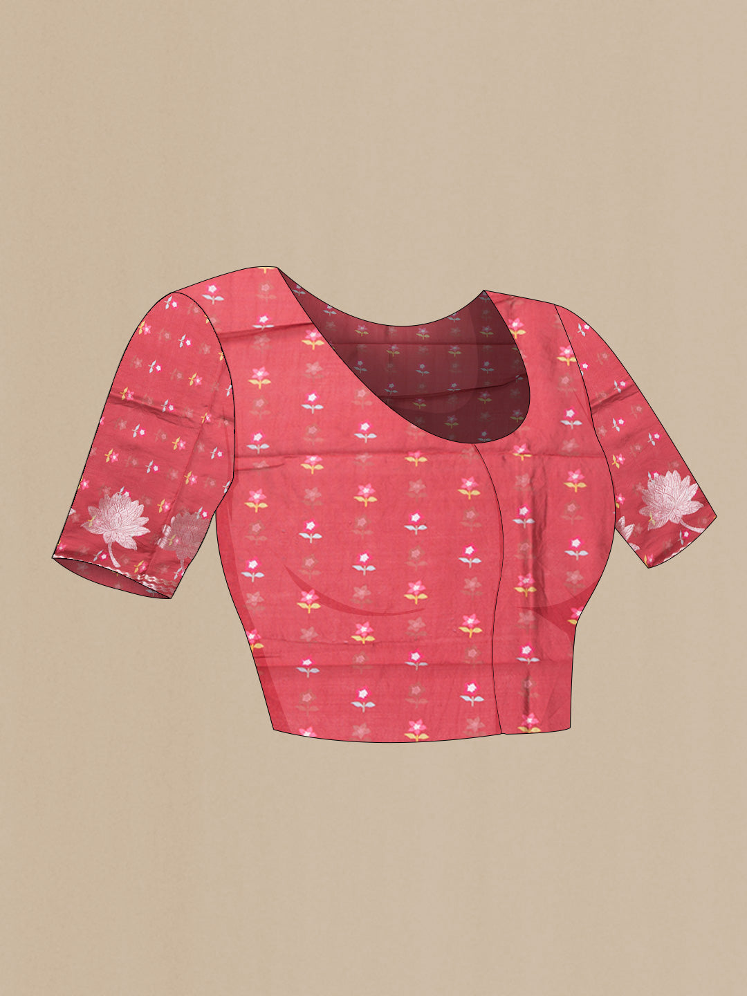 Close up image of the blouse of Pink Dual Tone Tussar Silk SareePrinted design on the body and Zari Border