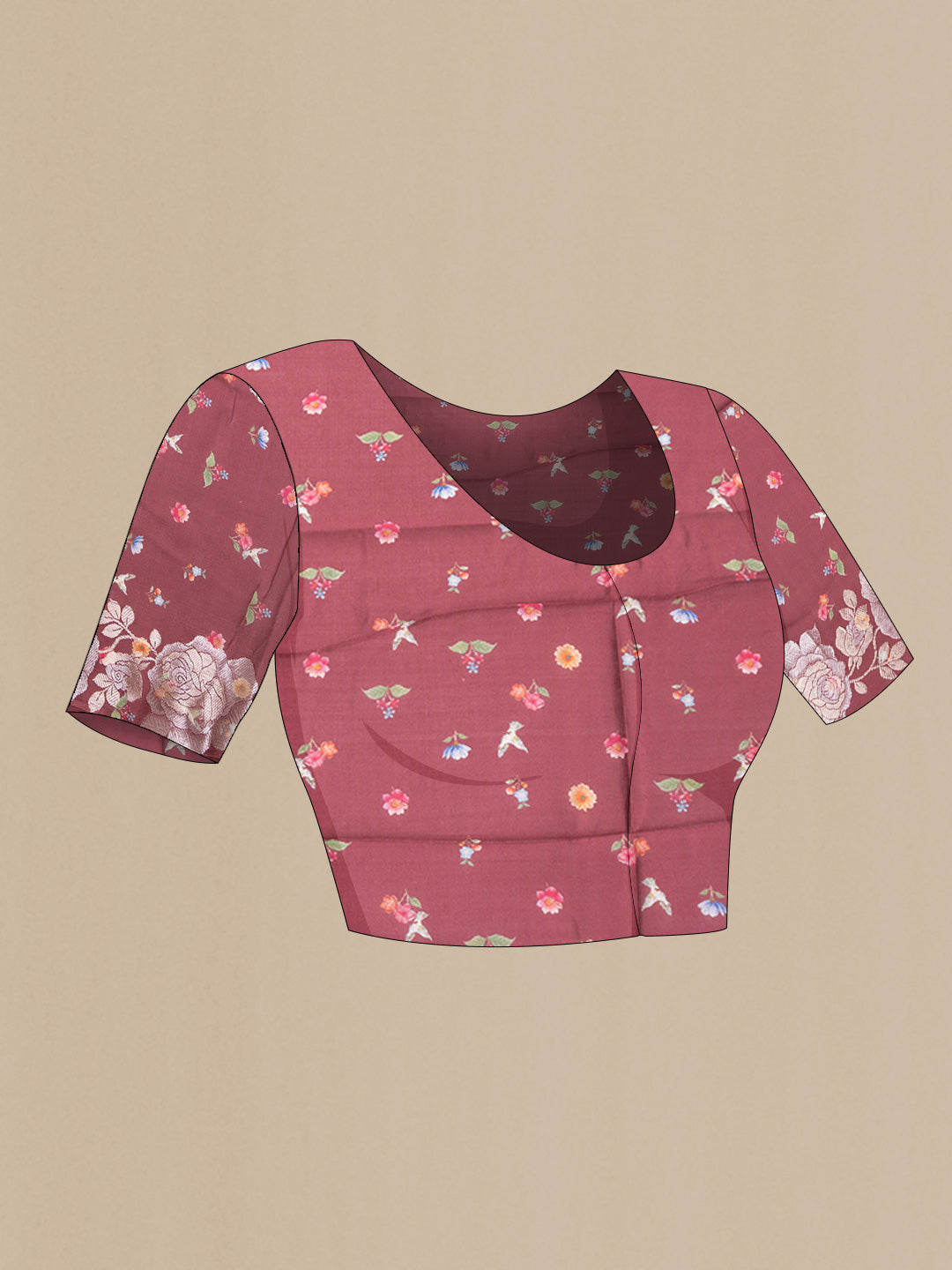 Close up image of the blouse of Maroon Dual Tone Tussar Silk SareePrinted design on the body and Zari Border